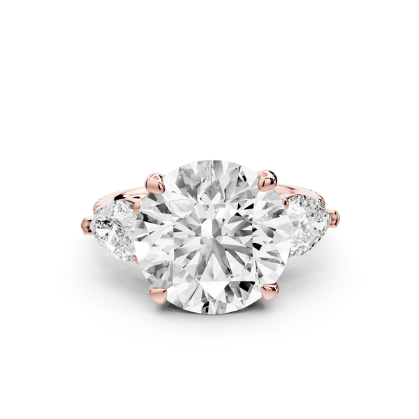 Alma - 5ct 18k rose gold round center stone with two pear shaped diamonds and pavé. Three stone oval and pear engagment ring with Pavé - Mr. Alex Jewelry
