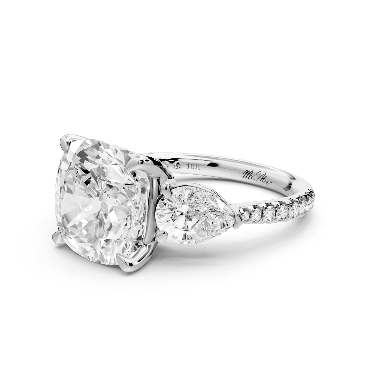 Alma - 5ct 18k white gold cushion center stone with two pear shaped diamonds and pavé. Three stone oval and pear engagement ring with Pavé - Mr. Alex Jewelry