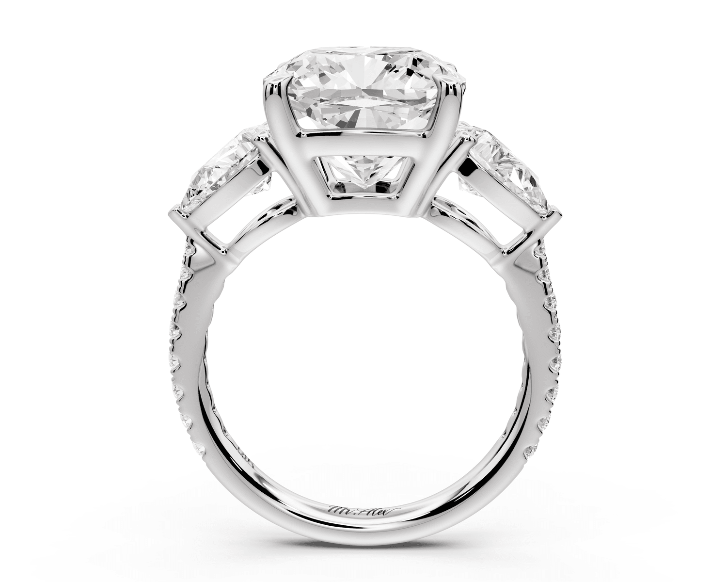 Alma - 5ct 18k white gold cushion center stone with two pear shaped diamonds and pavé. Three stone oval and pear engagement ring with Pavé - Mr. Alex Jewelry