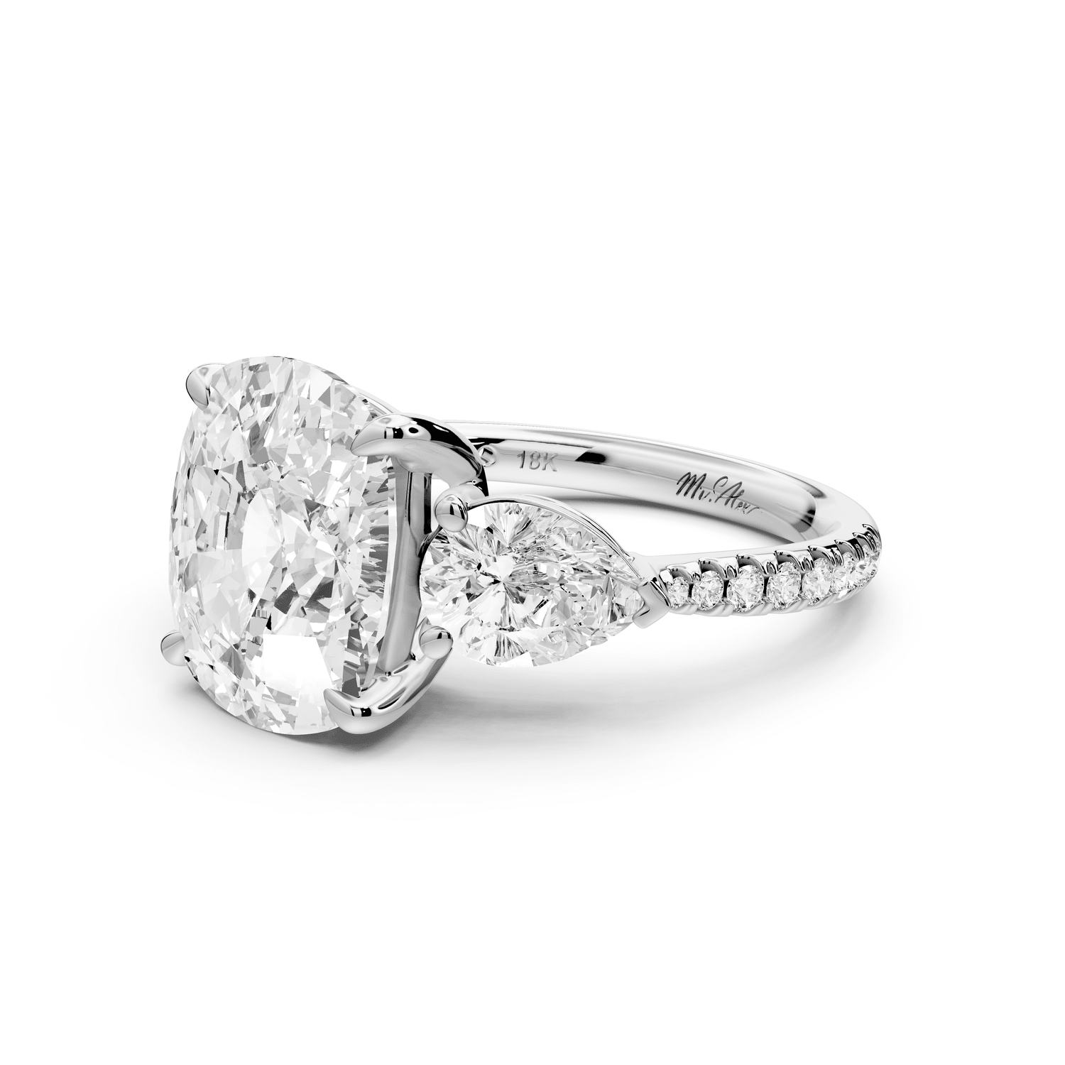 Alma - 5ct 18k white gold ecushion center stone with two pear shaped diamonds and pavé. Three stone oval and pear engagement ring with Pavé - Mr. Alex Jewelry