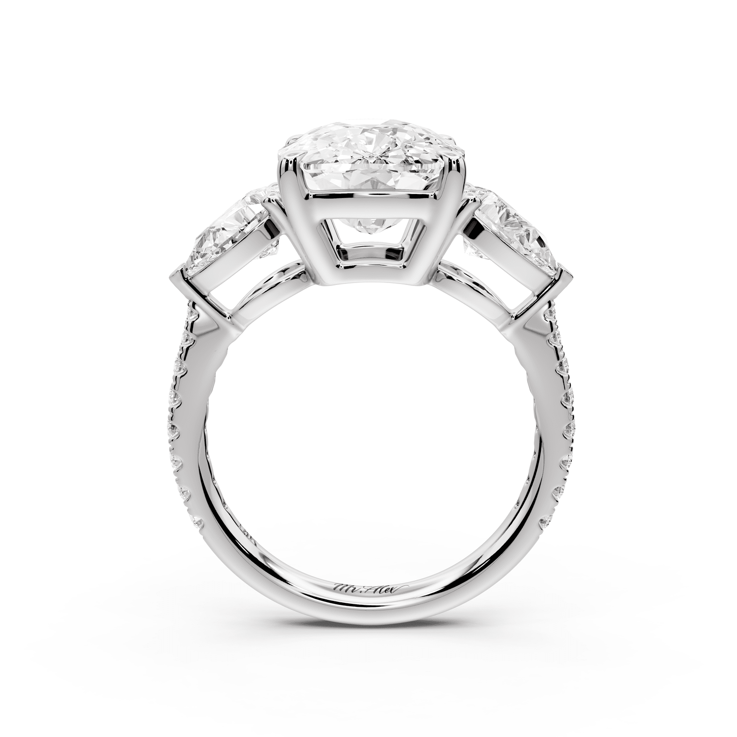 Alma - 5ct 18k white gold ecushion center stone with two pear shaped diamonds and pavé. Three stone oval and pear engagement ring with Pavé - Mr. Alex Jewelry