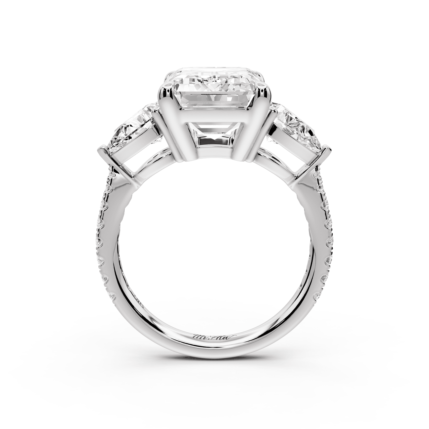 Alma - 5ct 18k white gold emerald center stone with two pear shaped diamonds and pavé. Three stone oval and pear Engagement ring with Pavé - Mr. Alex Jewelry