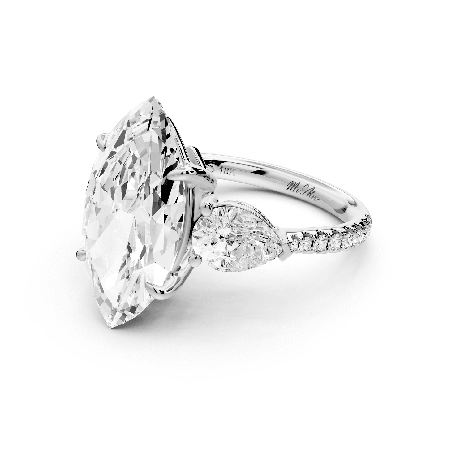 Alma - 5ct 18k white gold marquise center stone with two pear shaped diamonds and pavé. Three stone oval and pear engagement ring with Pavé - Mr. Alex Jewelry