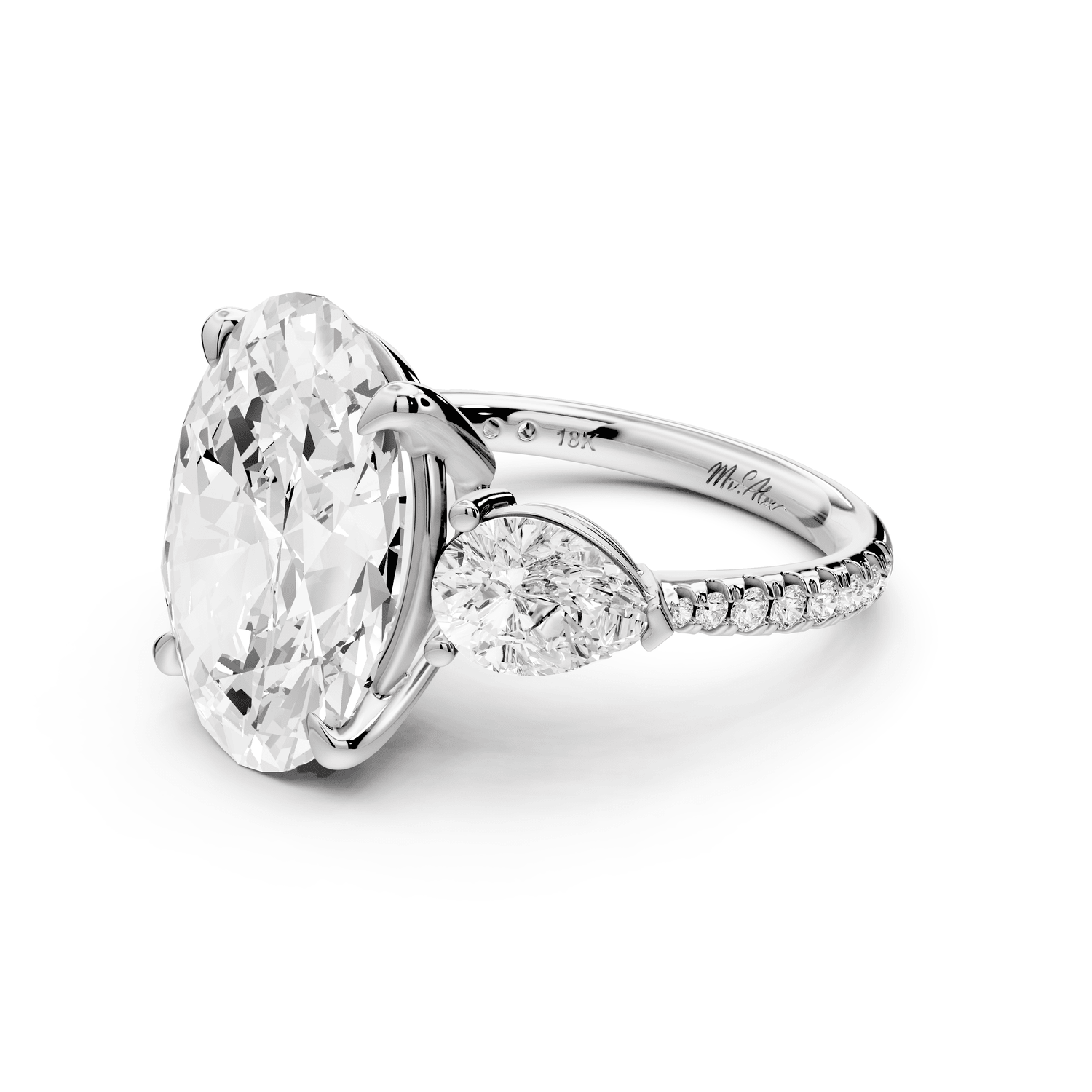 Alma - 5ct 18k white gold oval center stone with two pear shaped diamonds and pavé. Three stone oval and pear Engagement ring with Pavé - Mr. Alex Jewelry