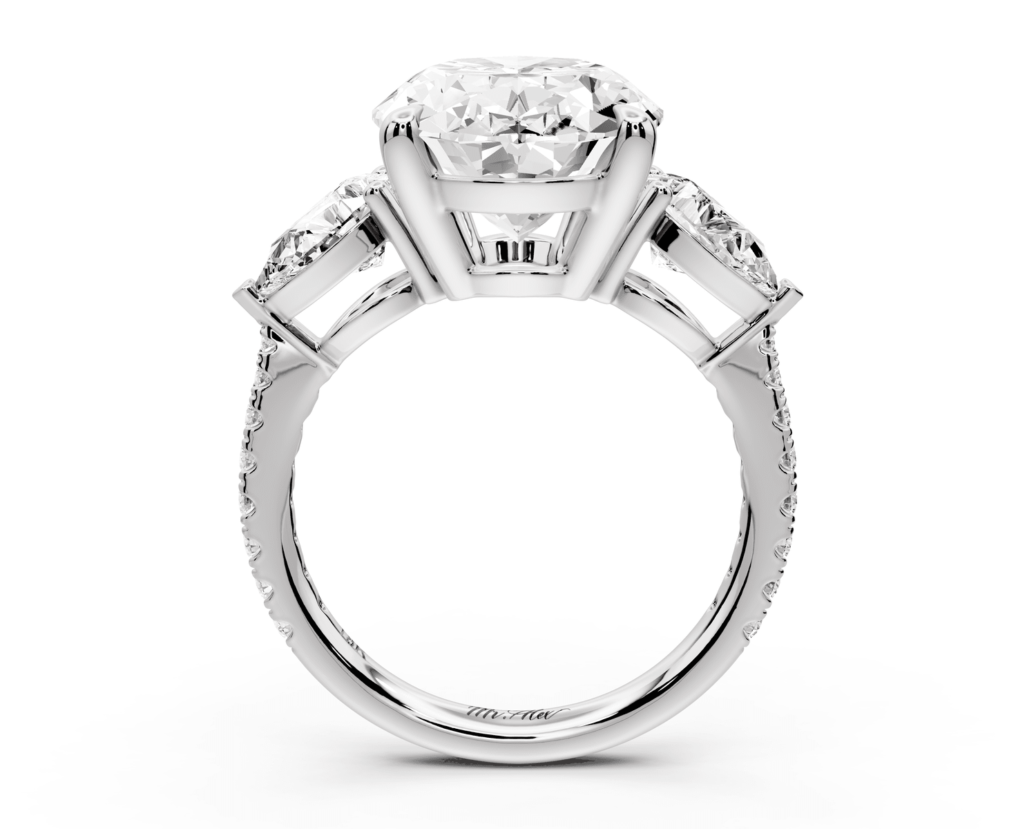 Alma - 5ct 18k white gold oval center stone with two pear shaped diamonds and pavé. Three stone oval and pear Engagement ring with Pavé - Mr. Alex Jewelry