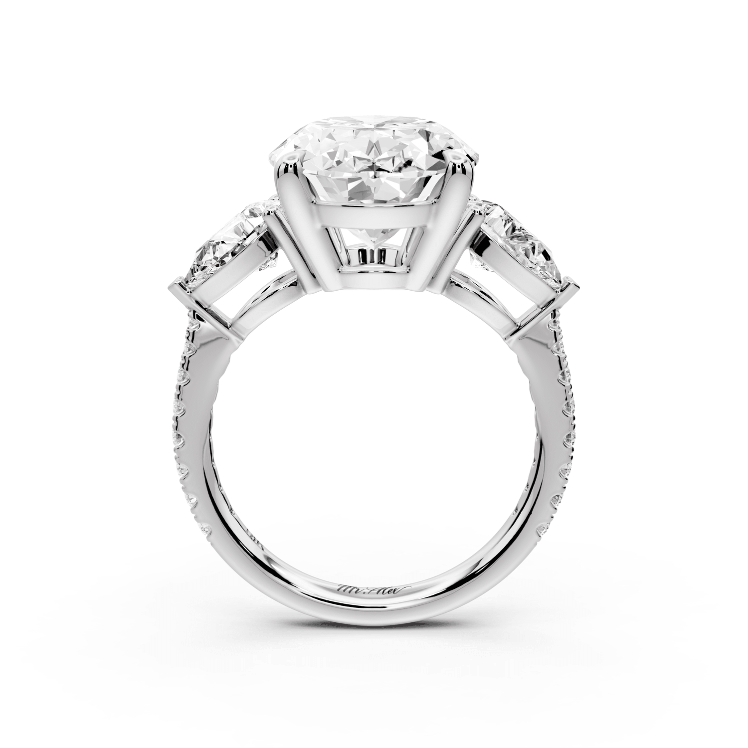 Alma - 5ct 18k white gold oval center stone with two pear shaped diamonds and pavé. Three stone oval and pear Engagement ring with Pavé - Mr. Alex Jewelry