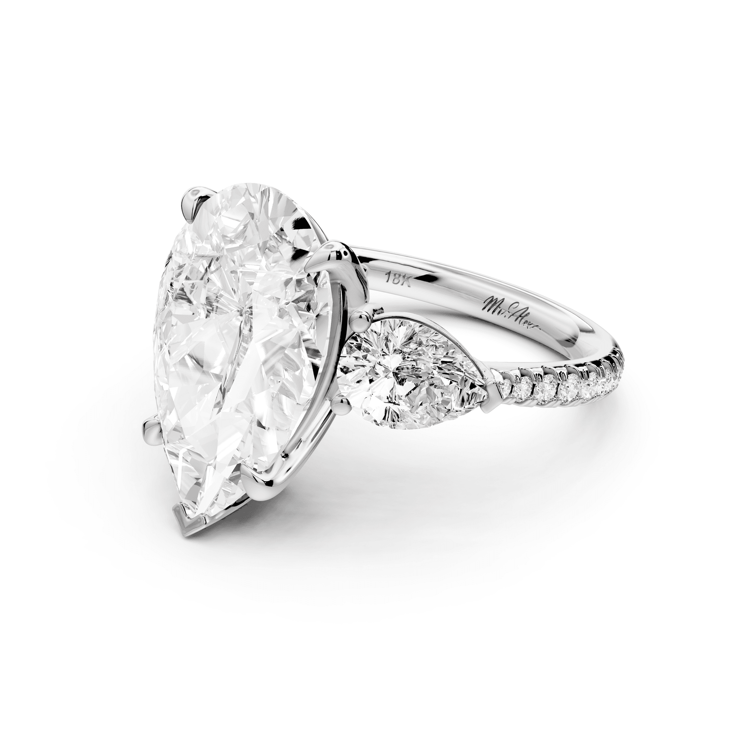 Alma - 5ct 18k white gold pear center stone with two pear shaped diamonds and pavé. Three stone oval and pear Engagement ring with Pavé - Mr. Alex Jewelry