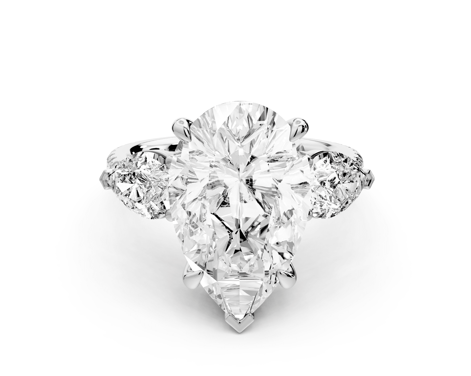 Alma - 5ct 18k white gold pear center stone with two pear shaped diamonds and pavé. Three stone oval and pear Engagement ring with Pavé - Mr. Alex Jewelry