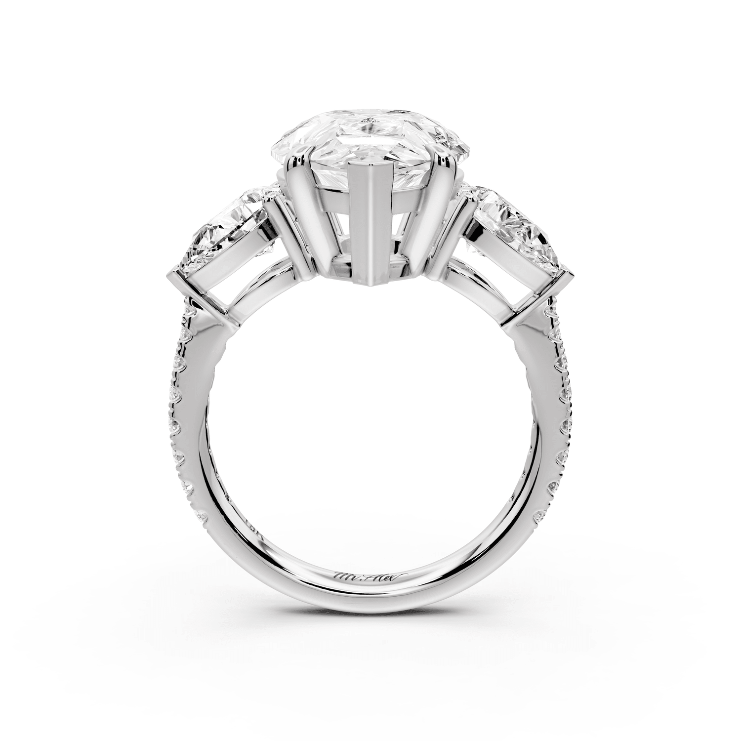 Alma - 5ct 18k white gold pear center stone with two pear shaped diamonds and pavé. Three stone oval and pear Engagement ring with Pavé - Mr. Alex Jewelry