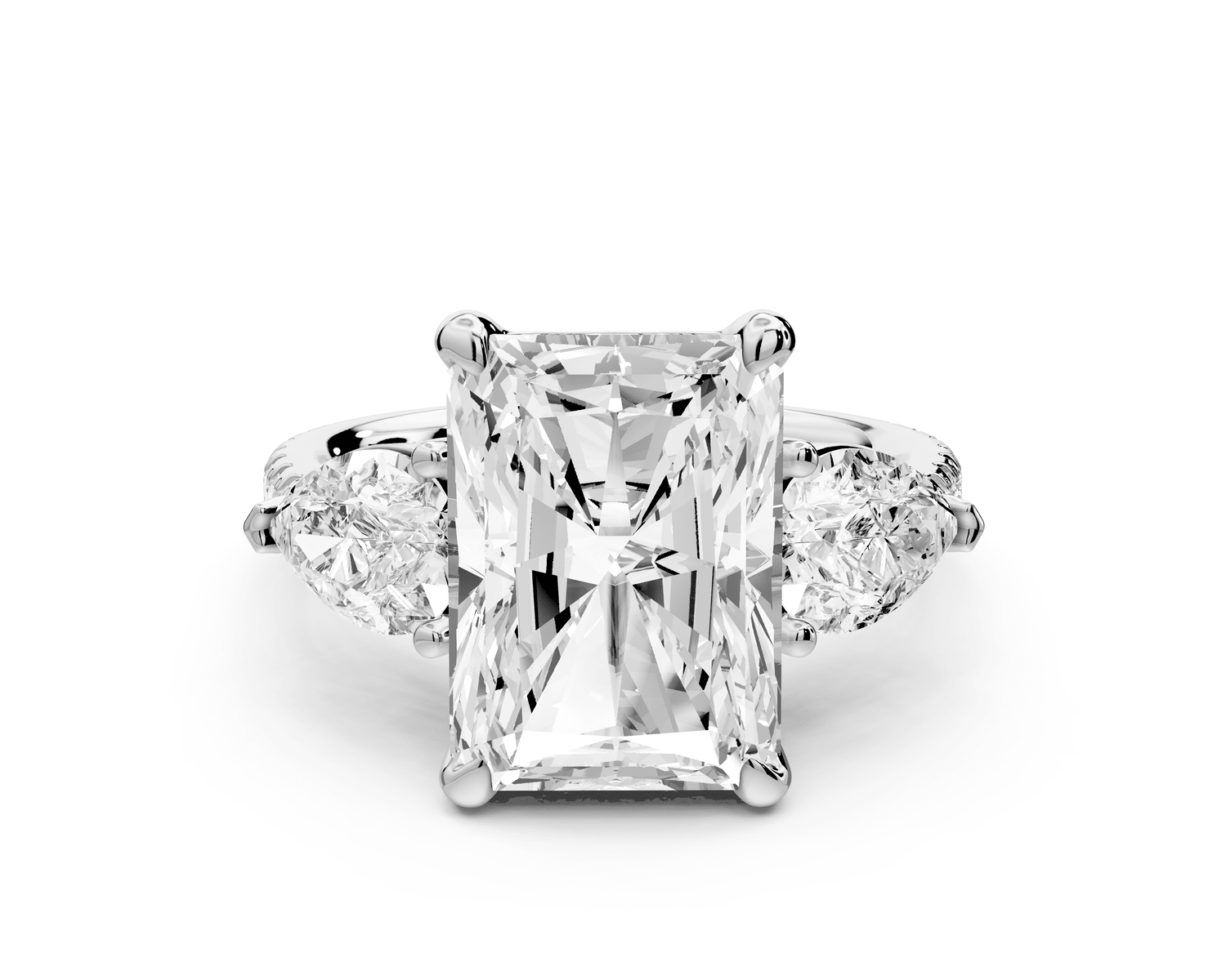 Alma - 5ct 18k white gold radiant center stone with two pear shaped diamonds and pavé. Three stone oval and pear engagement ring with Pavé - Mr. Alex Jewelry