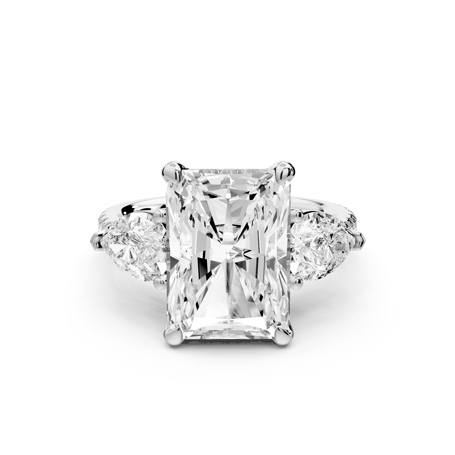 Alma - 5ct 18k white gold radiant center stone with two pear shaped diamonds and pavé. Three stone oval and pear engagement ring with Pavé - Mr. Alex Jewelry