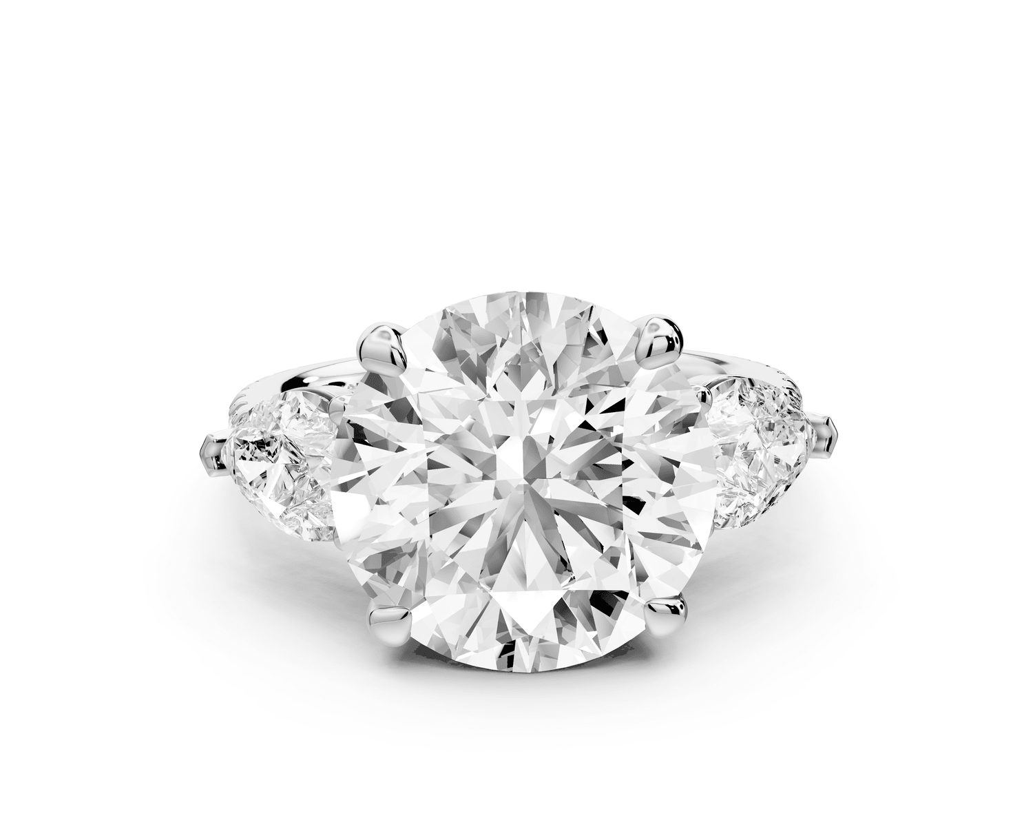 Alma - 5ct 18k white gold round center stone with two pear shaped diamonds and pavé. Three stone oval and pear engagment ring with Pavé - Mr. Alex Jewelry