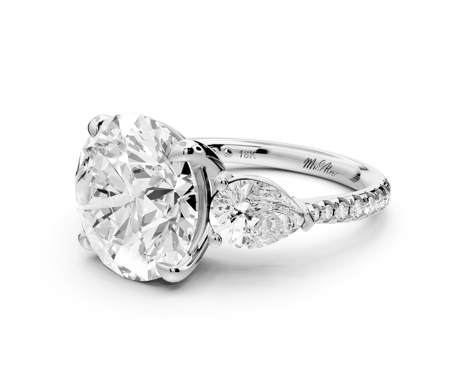 Alma - 5ct 18k white gold round center stone with two pear shaped diamonds and pavé. Three stone oval and pear engagment ring with Pavé - Mr. Alex Jewelry