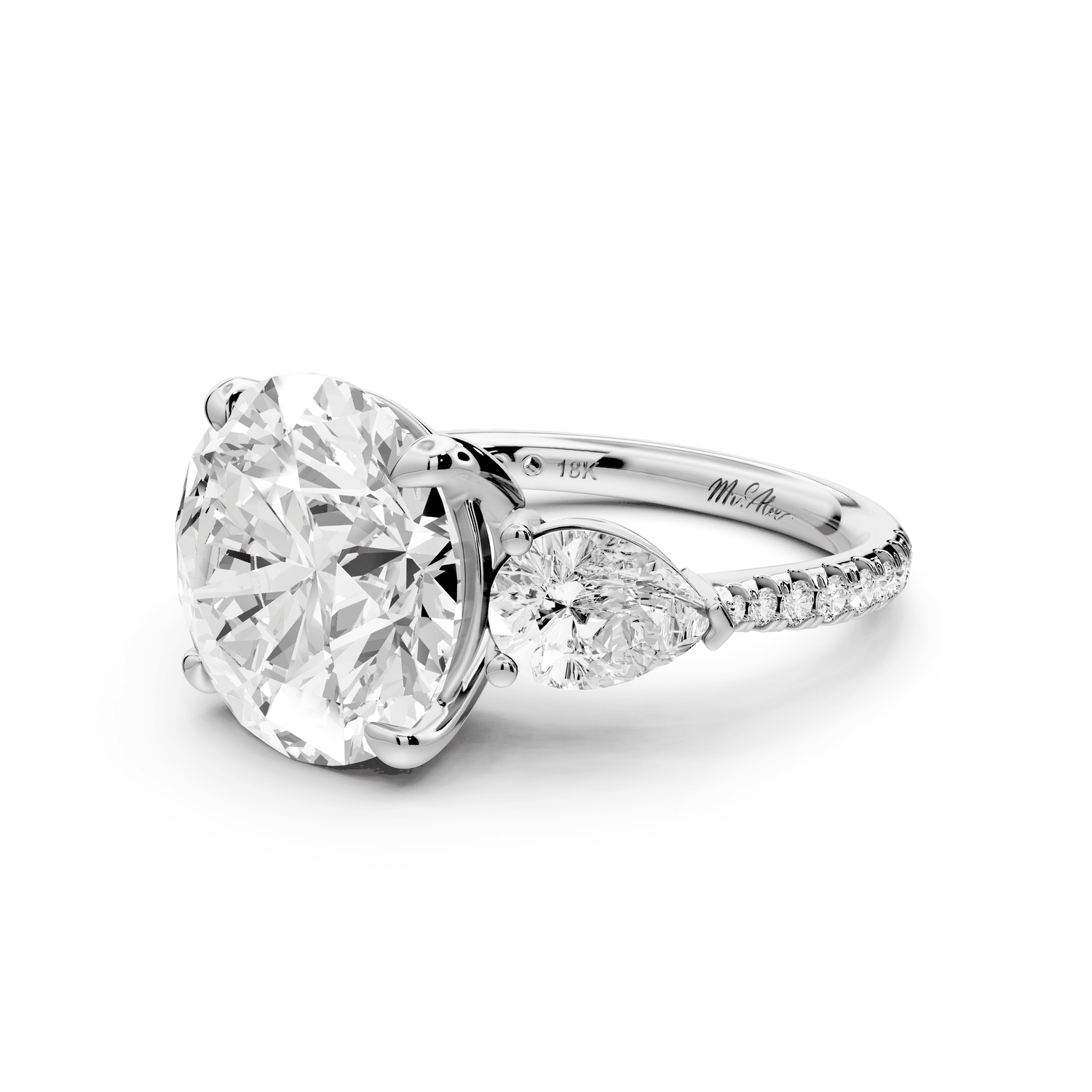 Alma - 5ct 18k white gold round center stone with two pear shaped diamonds and pavé. Three stone oval and pear engagment ring with Pavé - Mr. Alex Jewelry