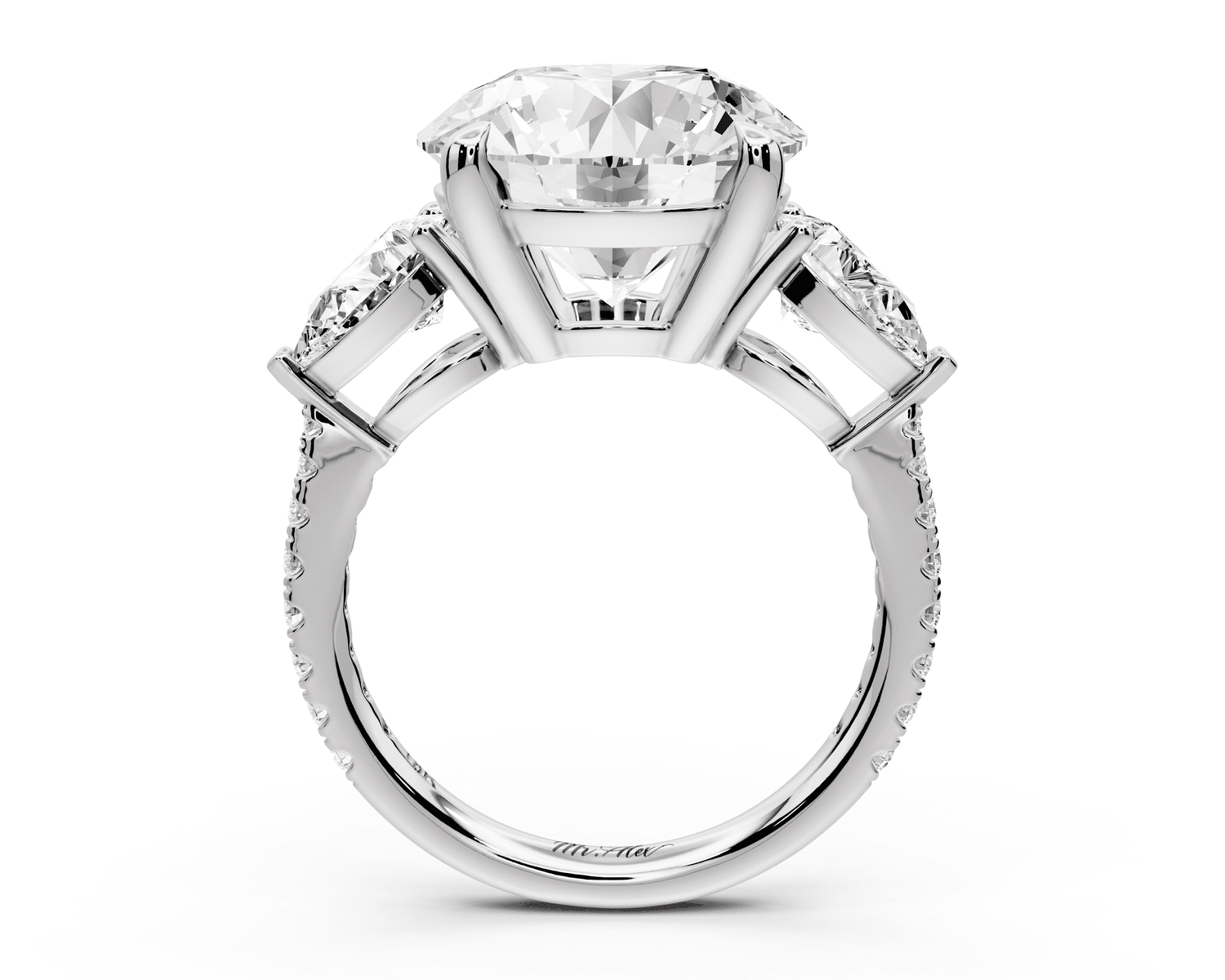 Alma - 5ct 18k white gold round center stone with two pear shaped diamonds and pavé. Three stone oval and pear engagment ring with Pavé - Mr. Alex Jewelry