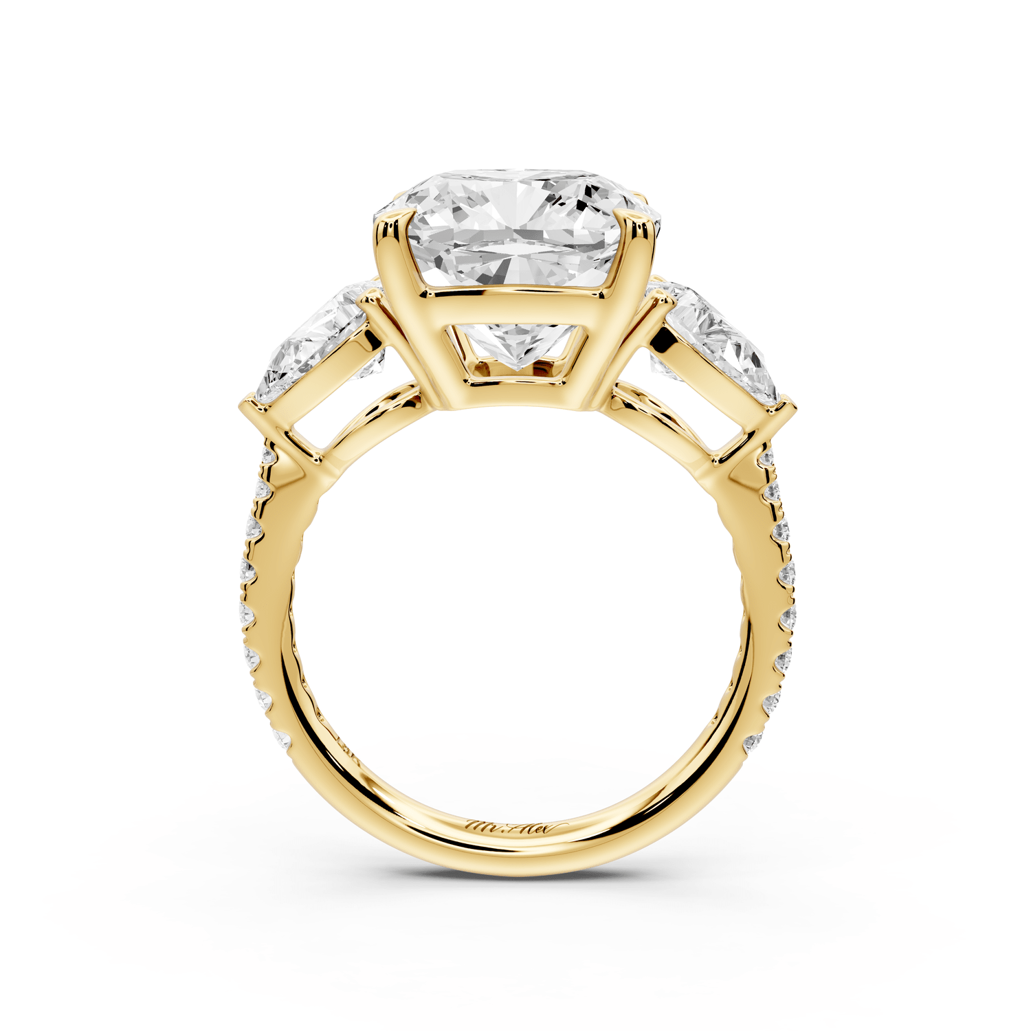 Alma - 5ct 18k yellow gold cushion center stone with two pear shaped diamonds and pavé. Three stone oval and pear engagement ring with Pavé - Mr. Alex Jewelry