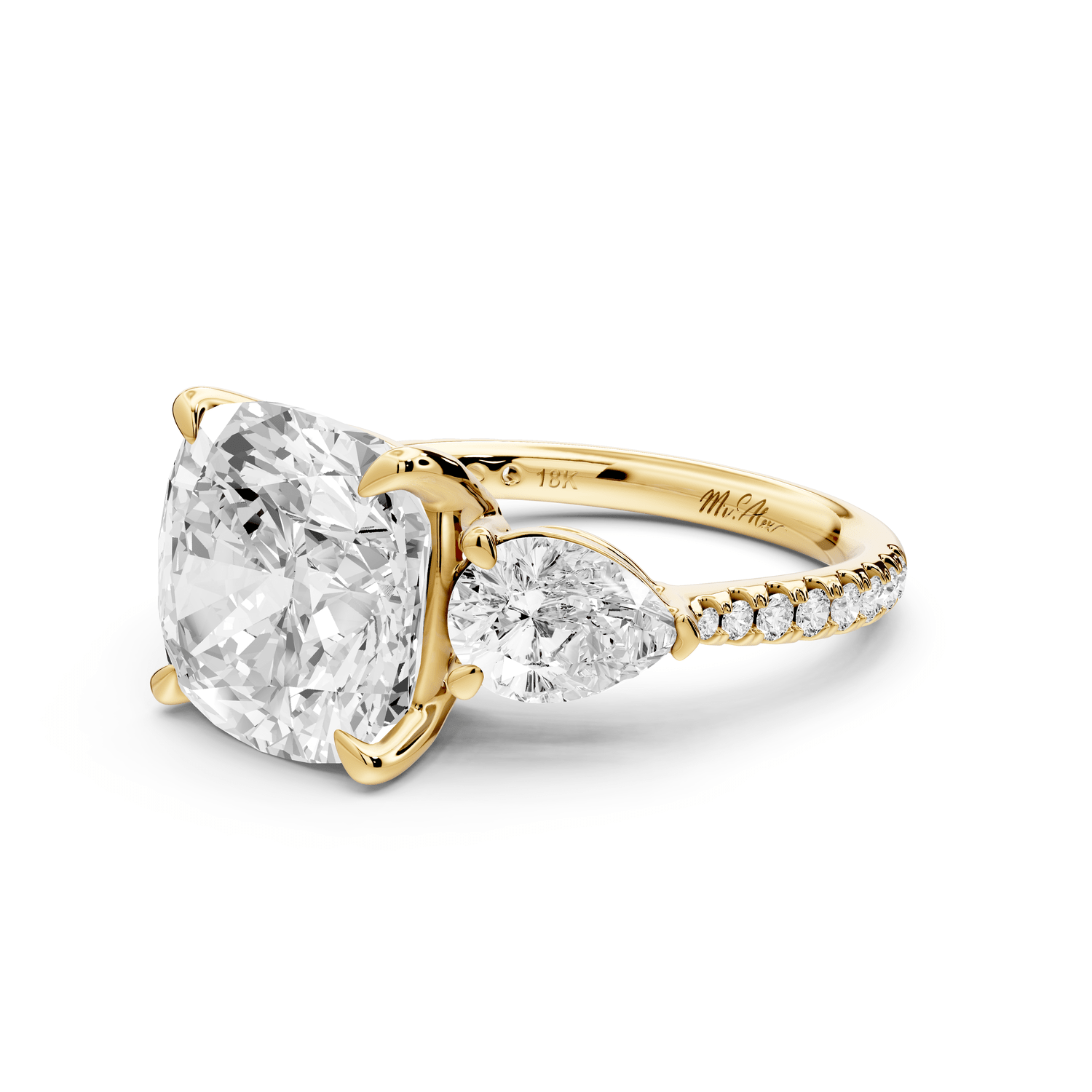 Alma - 5ct 18k yellow gold cushion center stone with two pear shaped diamonds and pavé. Three stone oval and pear engagement ring with Pavé - Mr. Alex Jewelry