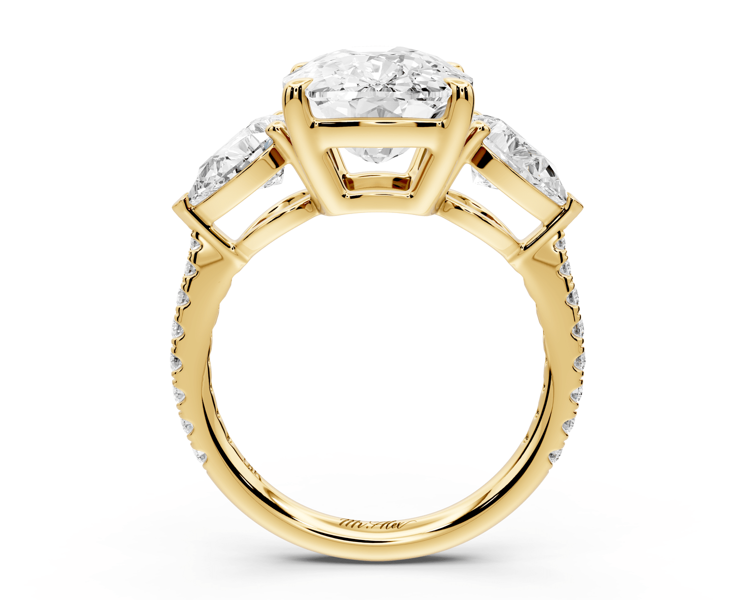 Alma - 5ct 18k yellow gold ecushion center stone with two pear shaped diamonds and pavé. Three stone oval and pear engagement ring with Pavé - Mr. Alex Jewelry