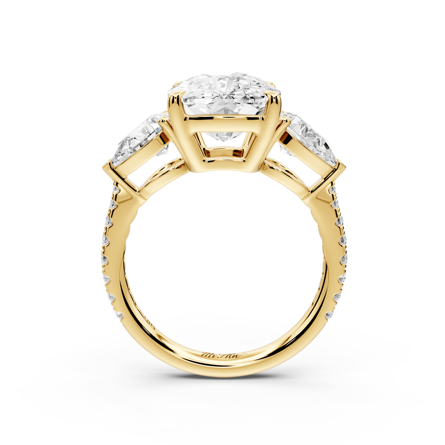 Alma - 5ct 18k yellow gold ecushion center stone with two pear shaped diamonds and pavé. Three stone oval and pear engagement ring with Pavé - Mr. Alex Jewelry