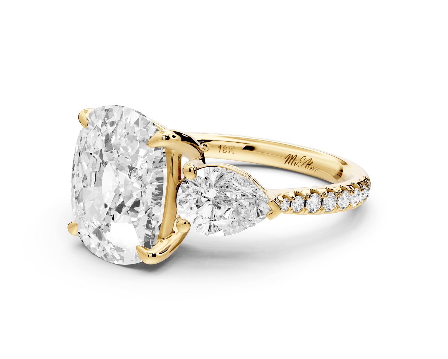 Alma - 5ct 18k yellow gold ecushion center stone with two pear shaped diamonds and pavé. Three stone oval and pear engagement ring with Pavé - Mr. Alex Jewelry