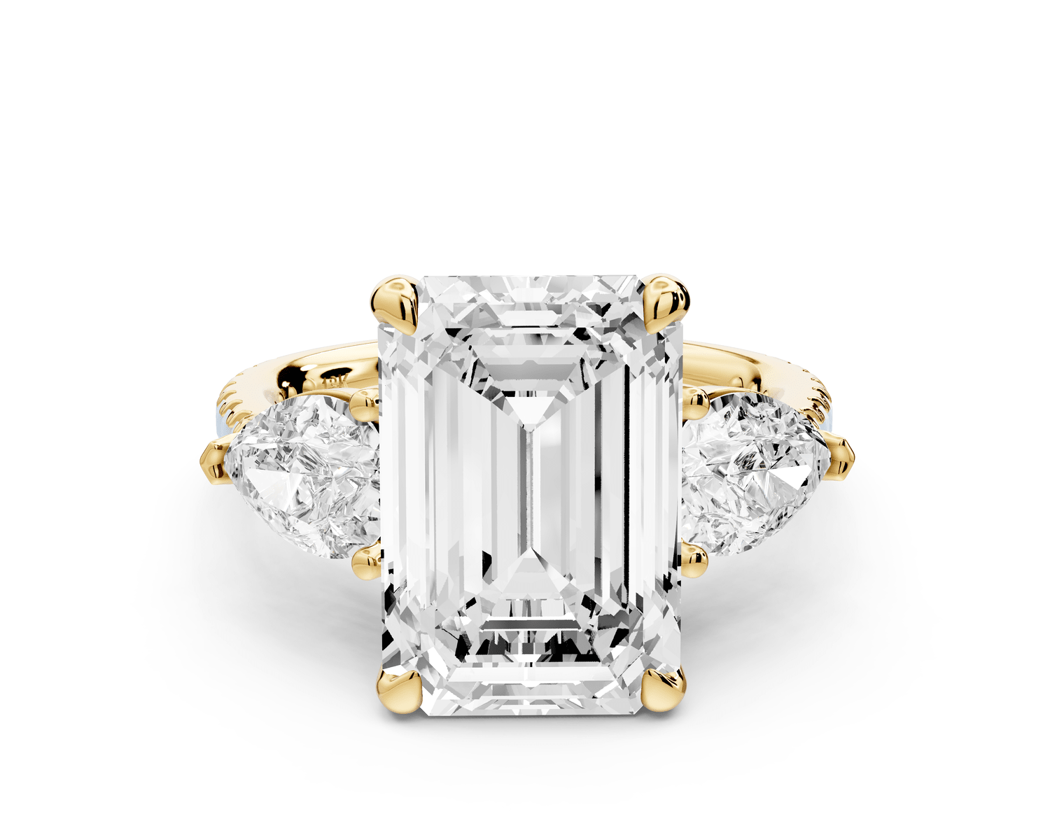 Alma - 5ct 18k yellow gold emerald center stone with two pear shaped diamonds and pavé. Three stone oval and pear Engagement ring with Pavé - Mr. Alex Jewelry