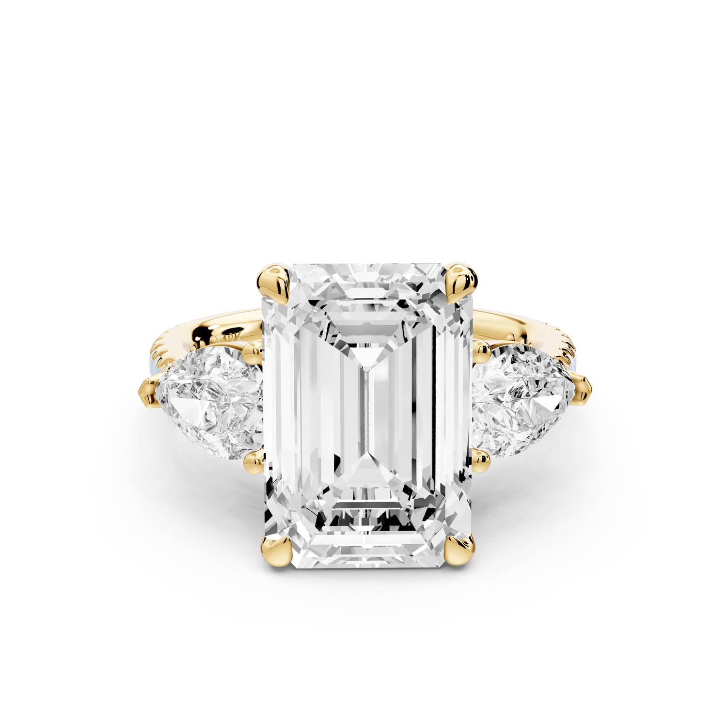 Alma - 5ct 18k yellow gold emerald center stone with two pear shaped diamonds and pavé. Three stone oval and pear Engagement ring with Pavé - Mr. Alex Jewelry