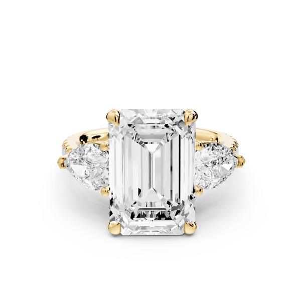 Alma - 5ct 18k yellow gold emerald center stone with two pear shaped diamonds and pavé. Three stone oval and pear Engagement ring with Pavé - Mr. Alex Jewelry
