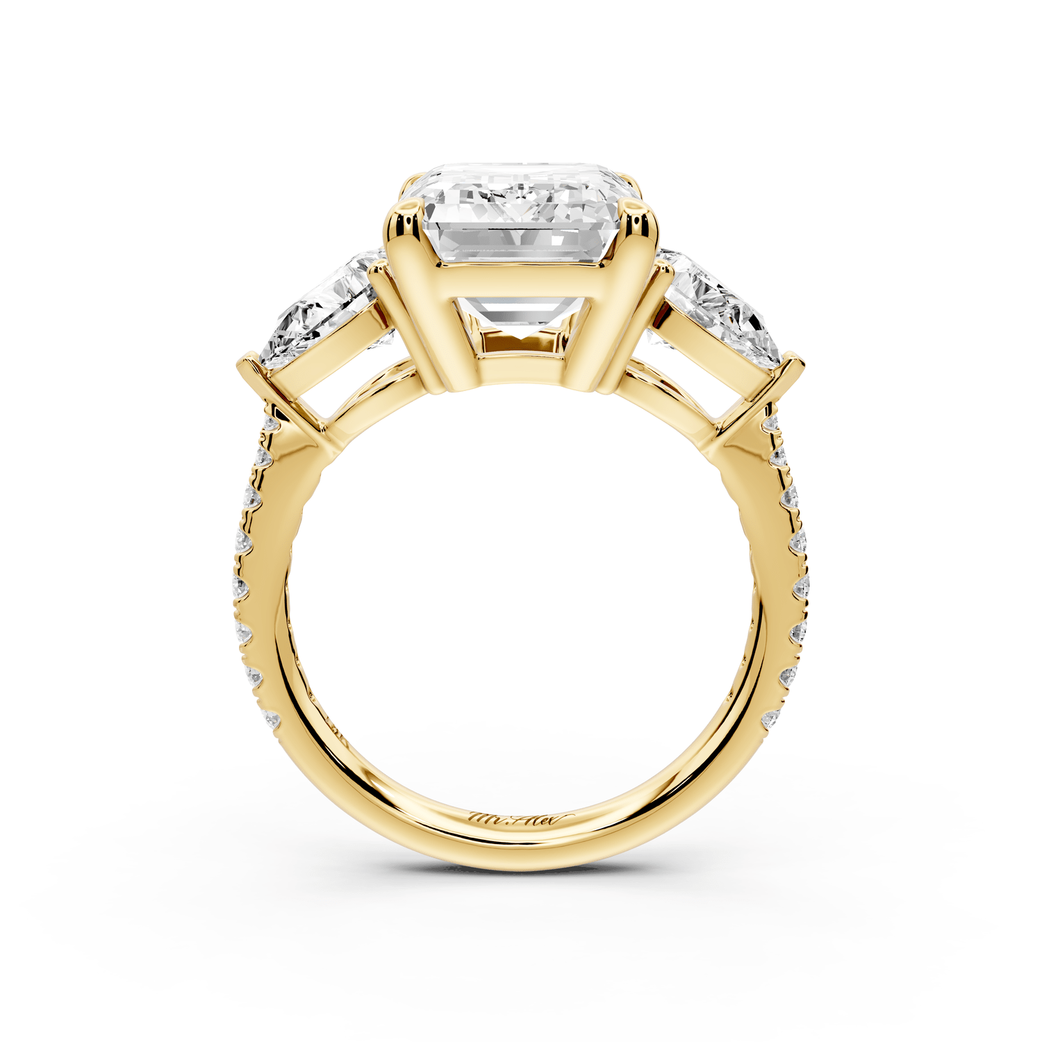 Alma - 5ct 18k yellow gold emerald center stone with two pear shaped diamonds and pavé. Three stone oval and pear Engagement ring with Pavé - Mr. Alex Jewelry