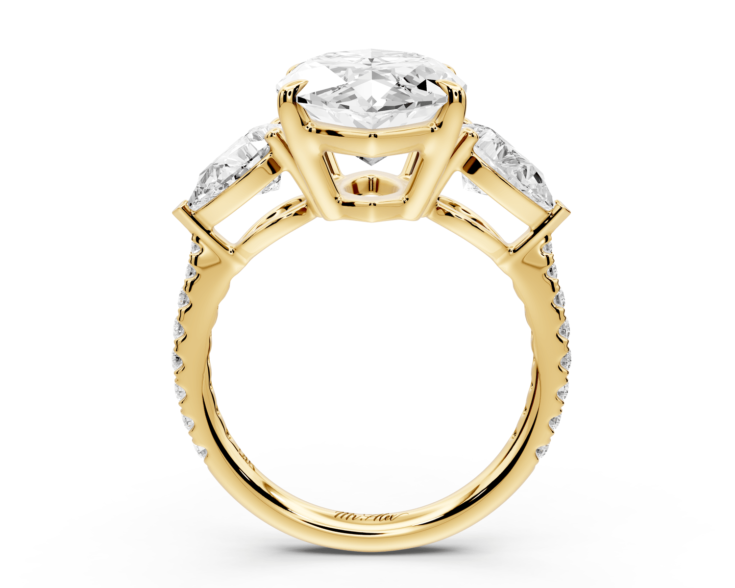 Alma - 5ct 18k yellow gold marquise center stone with two pear shaped diamonds and pavé. Three stone oval and pear engagement ring with Pavé - Mr. Alex Jewelry
