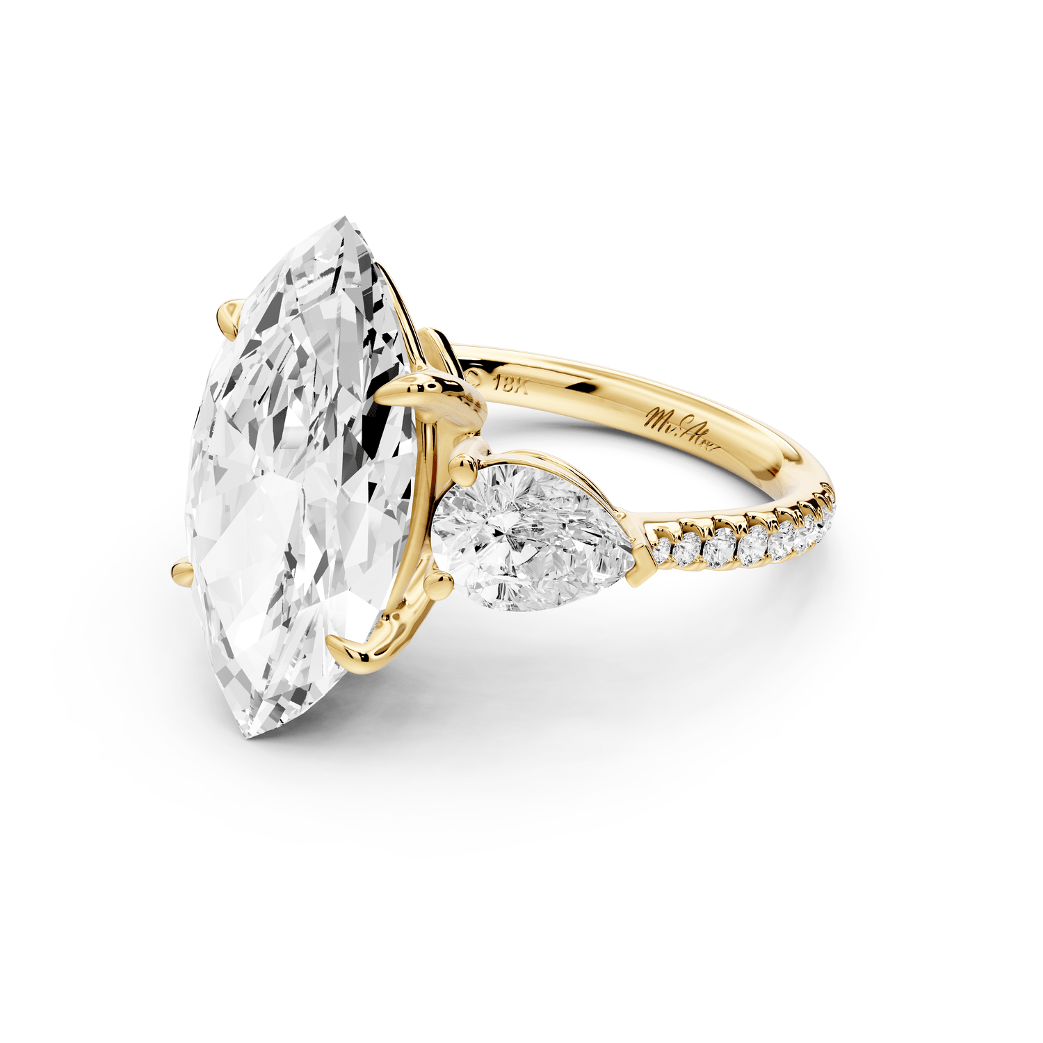 Alma - 5ct 18k yellow gold marquise center stone with two pear shaped diamonds and pavé. Three stone oval and pear engagement ring with Pavé - Mr. Alex Jewelry