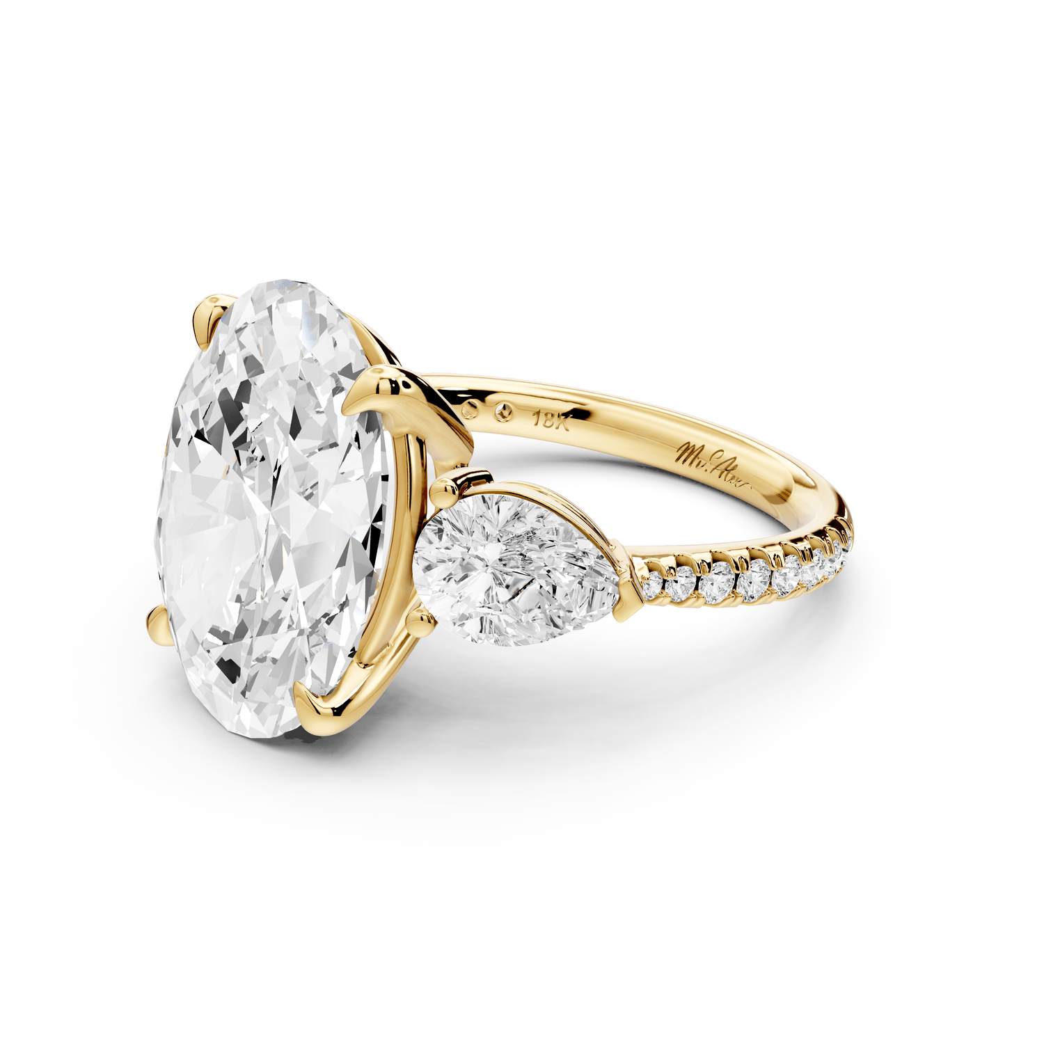 Alma - 5ct 18k yellow gold oval center stone with two pear shaped diamonds and pavé. Three stone oval and pear Engagement ring with Pavé - Mr. Alex Jewelry