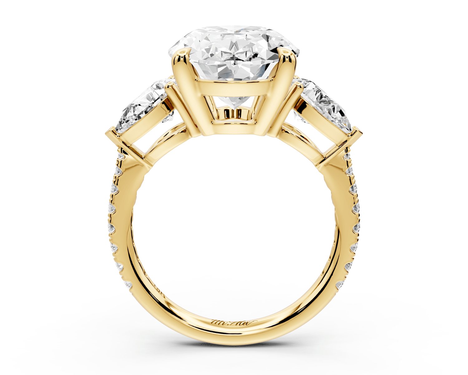 Alma - 5ct 18k yellow gold oval center stone with two pear shaped diamonds and pavé. Three stone oval and pear Engagement ring with Pavé - Mr. Alex Jewelry