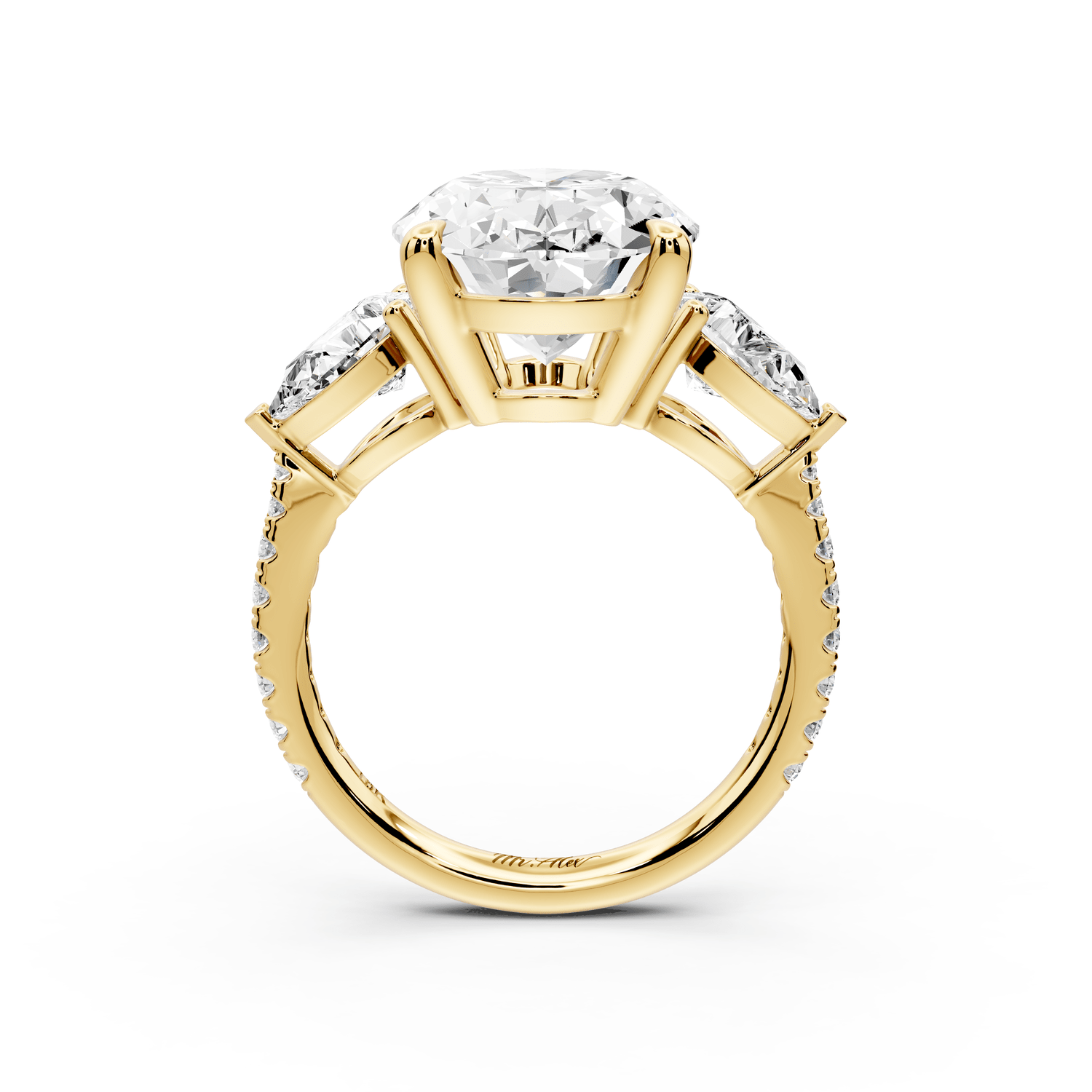 Alma - 5ct 18k yellow gold oval center stone with two pear shaped diamonds and pavé. Three stone oval and pear Engagement ring with Pavé - Mr. Alex Jewelry