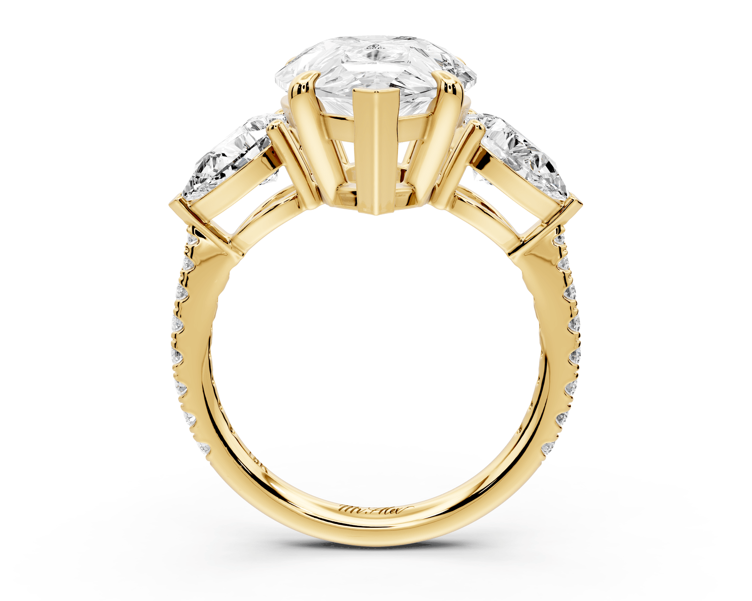 Alma - 5ct 18k yellow gold pear center stone with two pear shaped diamonds and pavé. Three stone oval and pear Engagement ring with Pavé - Mr. Alex Jewelry