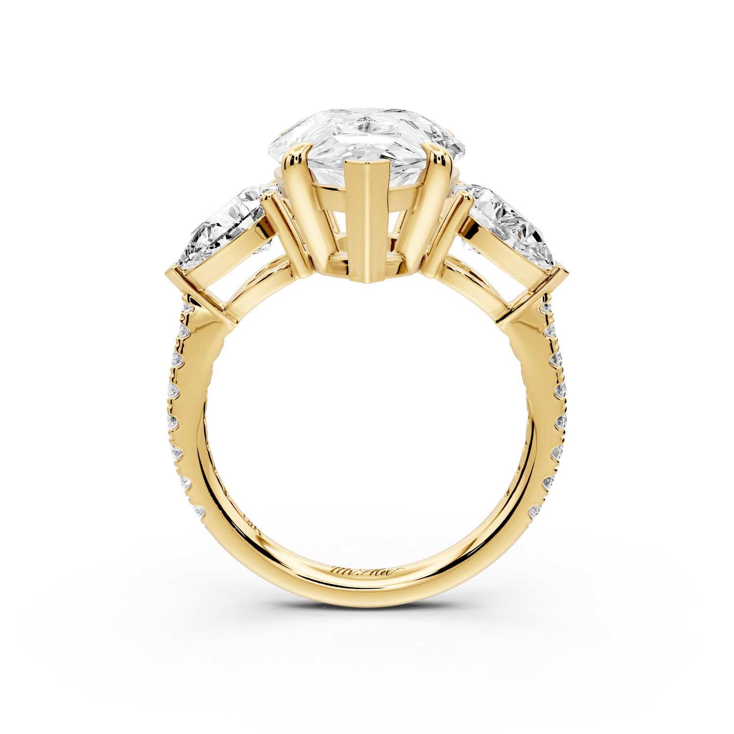 Alma - 5ct 18k yellow gold pear center stone with two pear shaped diamonds and pavé. Three stone oval and pear Engagement ring with Pavé - Mr. Alex Jewelry