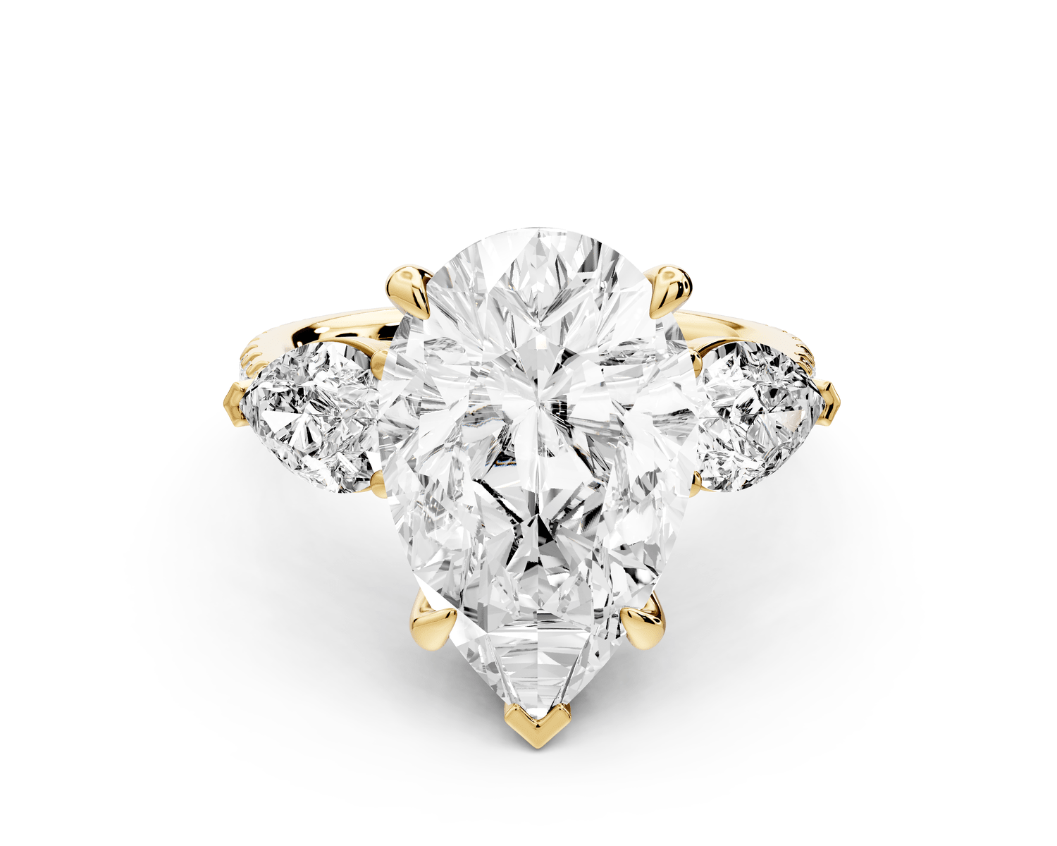 Alma - 5ct 18k yellow gold pear center stone with two pear shaped diamonds and pavé. Three stone oval and pear Engagement ring with Pavé - Mr. Alex Jewelry