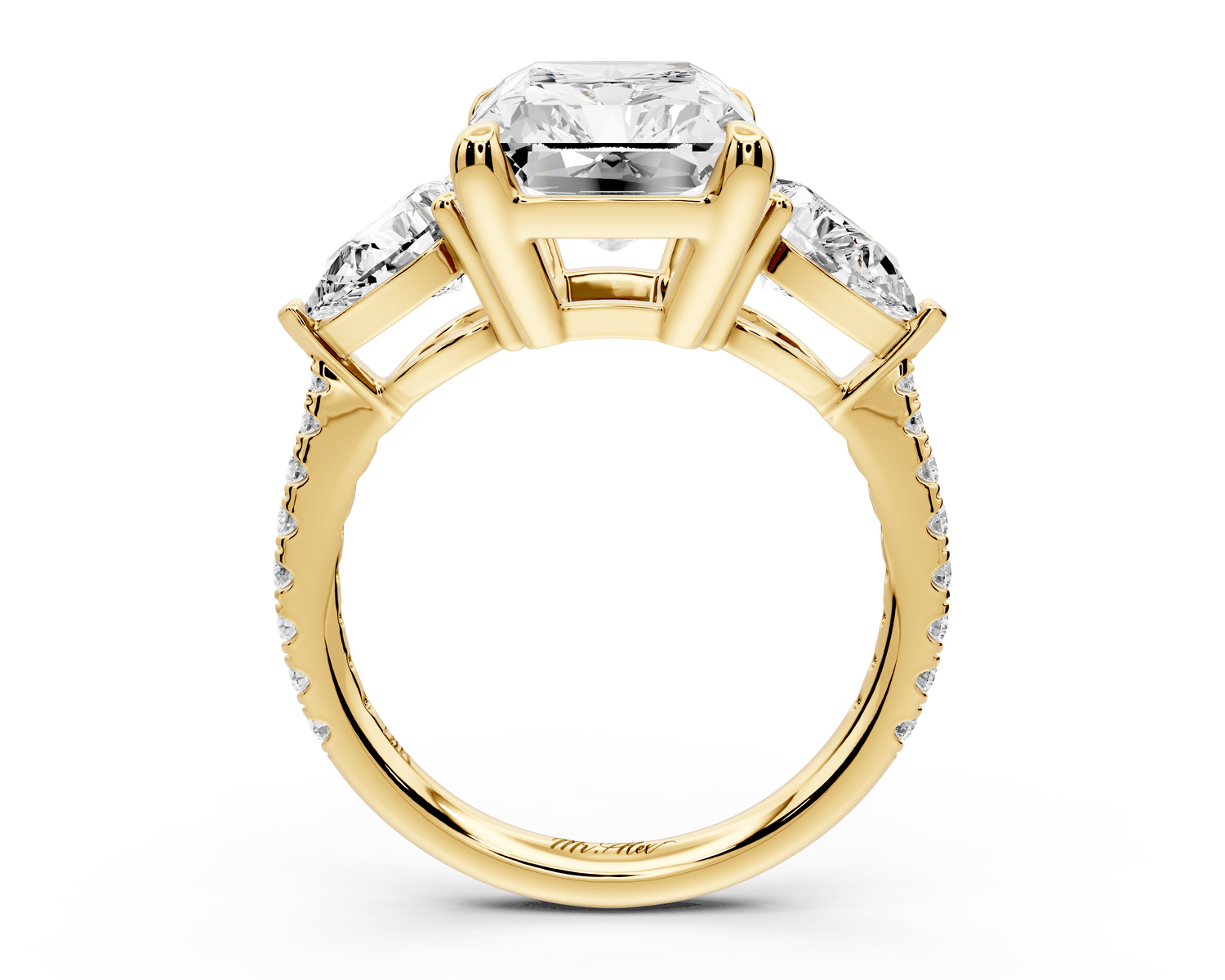 Alma - 5ct 18k yellow gold radiant center stone with two pear shaped diamonds and pavé. Three stone oval and pear engagement ring with Pavé - Mr. Alex Jewelry