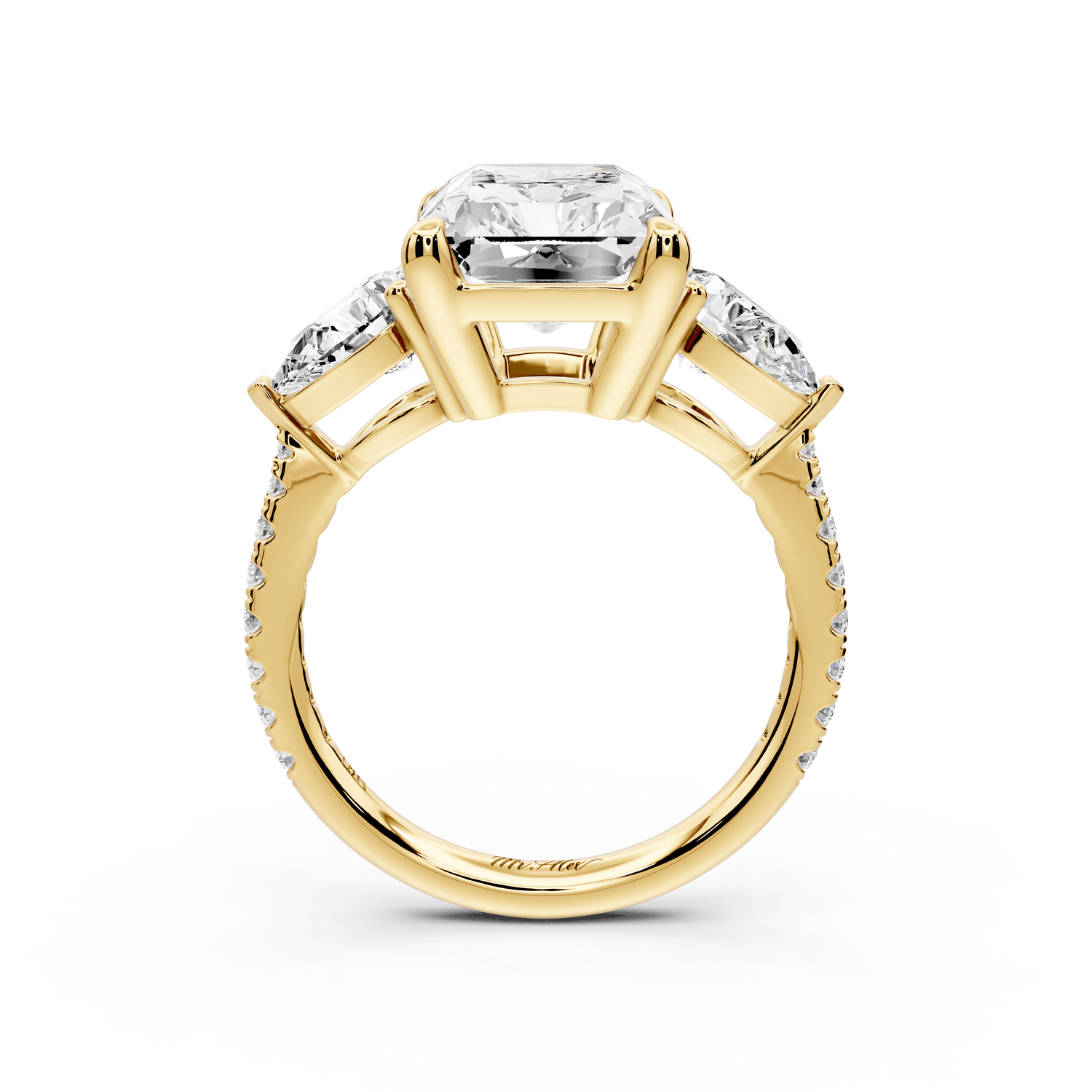 Alma - 5ct 18k yellow gold radiant center stone with two pear shaped diamonds and pavé. Three stone oval and pear engagement ring with Pavé - Mr. Alex Jewelry
