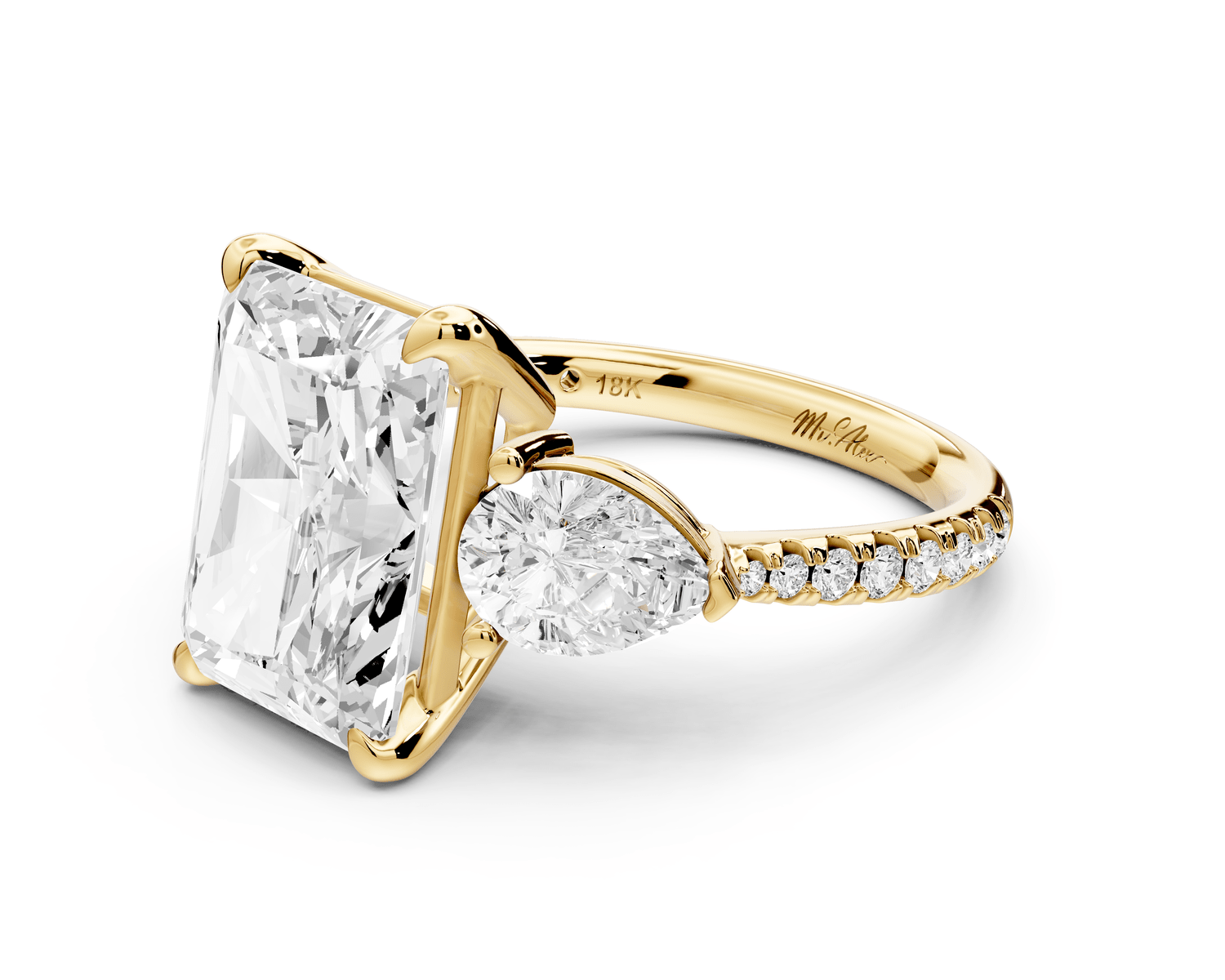 Alma - 5ct 18k yellow gold radiant center stone with two pear shaped diamonds and pavé. Three stone oval and pear engagement ring with Pavé - Mr. Alex Jewelry