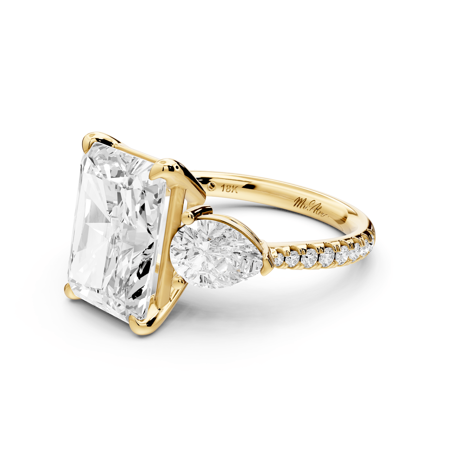 Alma - 5ct 18k yellow gold radiant center stone with two pear shaped diamonds and pavé. Three stone oval and pear engagement ring with Pavé - Mr. Alex Jewelry