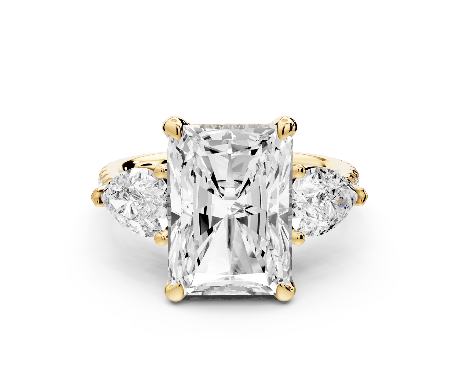 Alma - 5ct 18k yellow gold radiant center stone with two pear shaped diamonds and pavé. Three stone oval and pear engagement ring with Pavé - Mr. Alex Jewelry