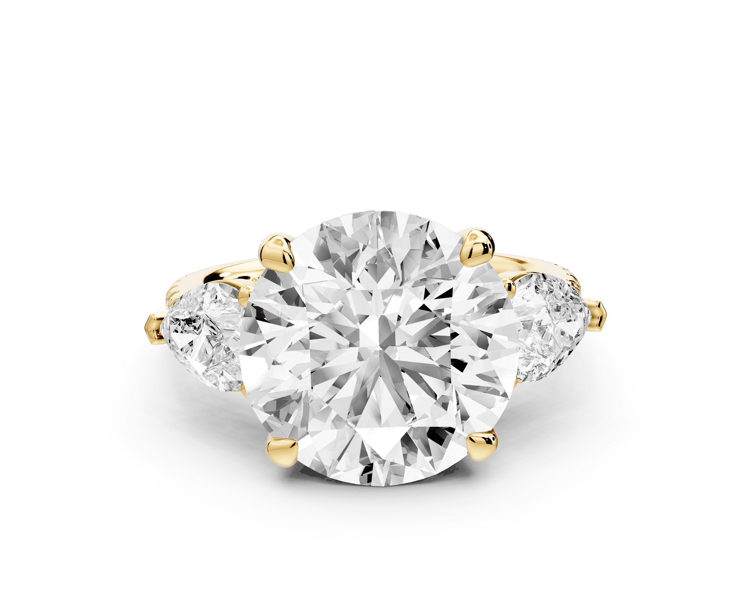 Alma - 5ct 18k yellow gold round center stone with two pear shaped diamonds and pavé. Three stone oval and pear engagment ring with Pavé - Mr. Alex Jewelry
