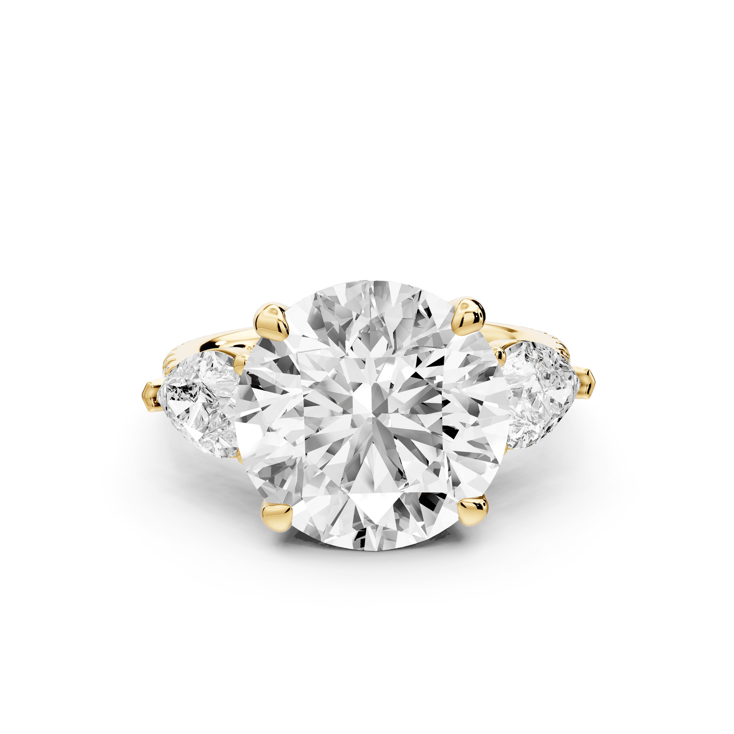 Alma - 5ct 18k yellow gold round center stone with two pear shaped diamonds and pavé. Three stone oval and pear engagment ring with Pavé - Mr. Alex Jewelry