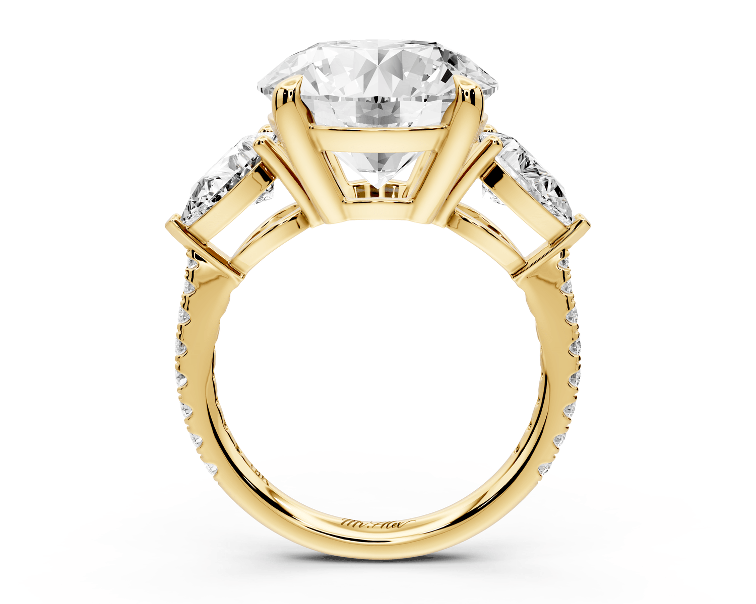 Alma - 5ct 18k yellow gold round center stone with two pear shaped diamonds and pavé. Three stone oval and pear engagment ring with Pavé - Mr. Alex Jewelry