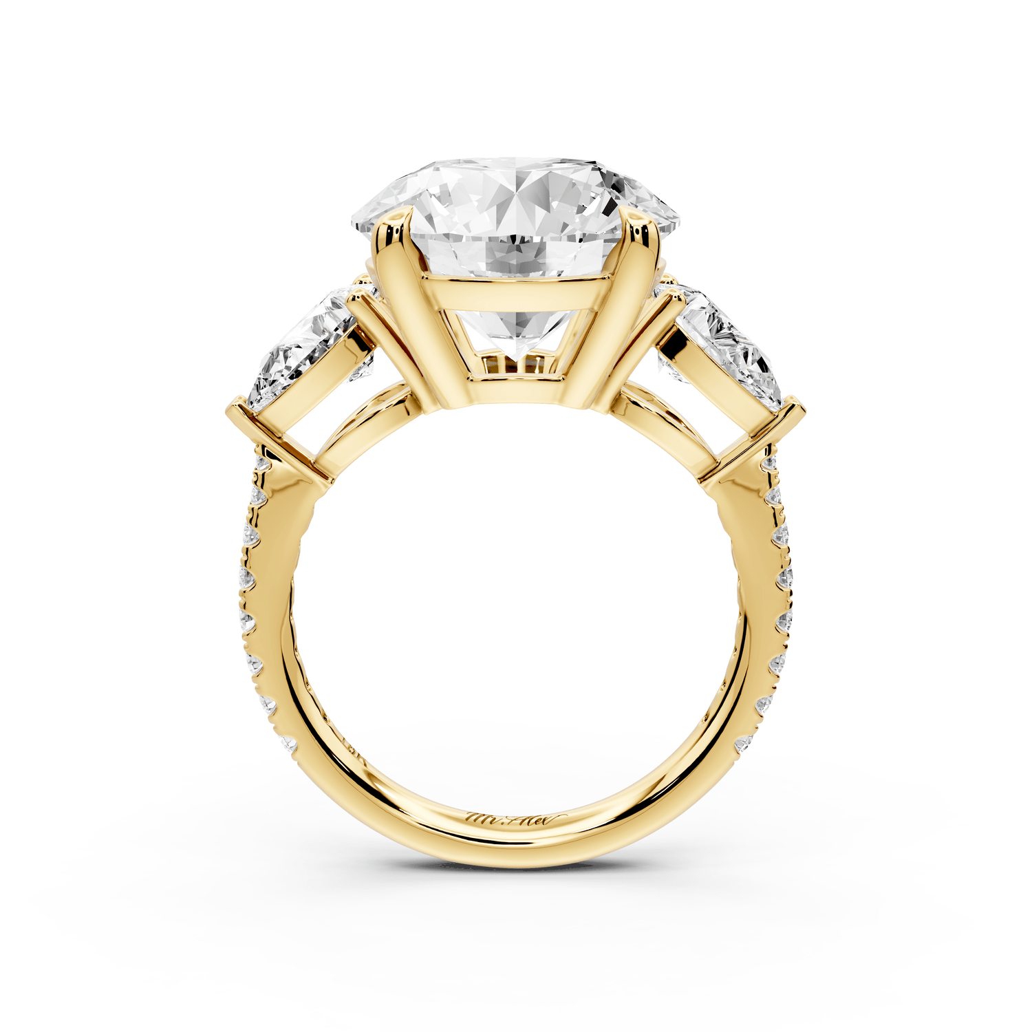 Alma - 5ct 18k yellow gold round center stone with two pear shaped diamonds and pavé. Three stone oval and pear engagment ring with Pavé - Mr. Alex Jewelry