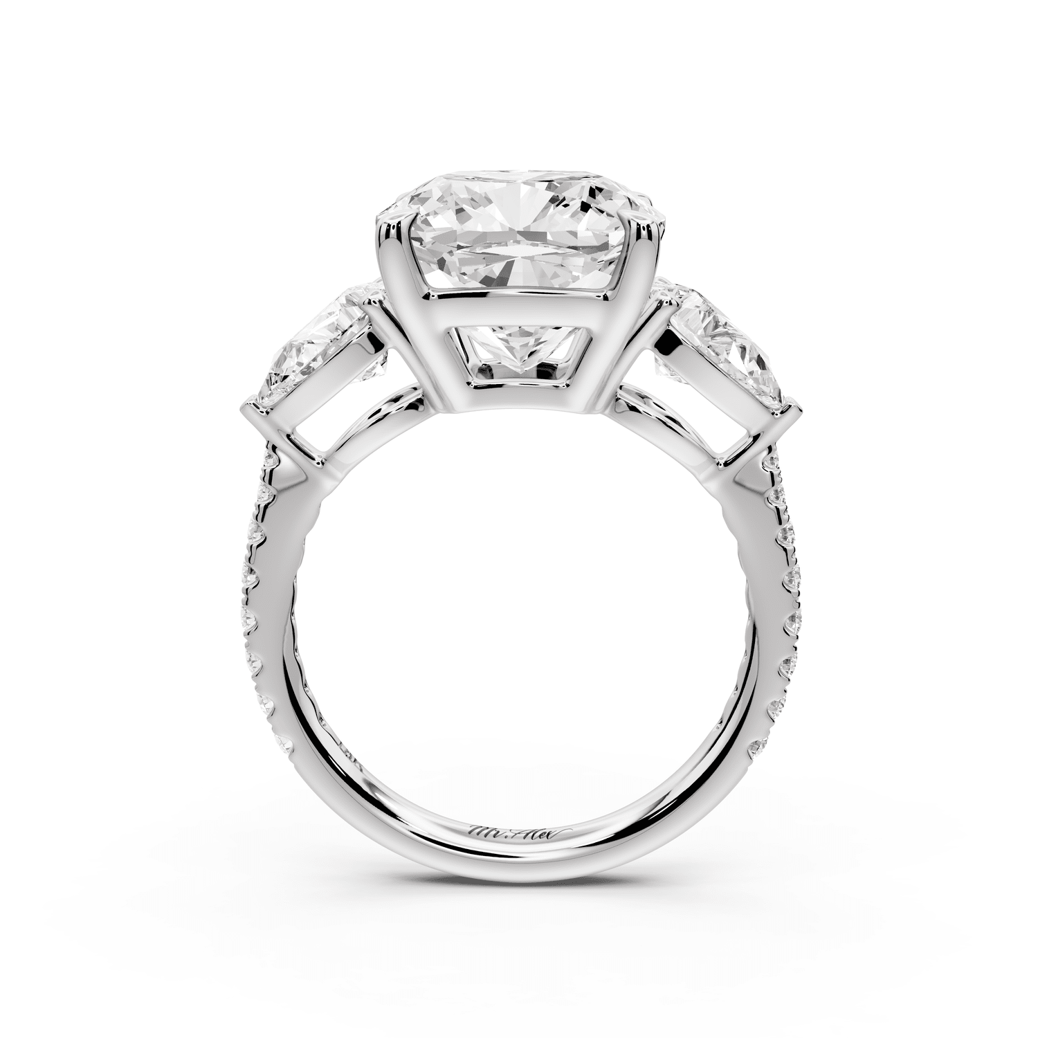 Alma - 5ct platinum cushion center stone with two pear shaped diamonds and pavé. Three stone oval and pear engagement ring with Pavé - Mr. Alex Jewelry