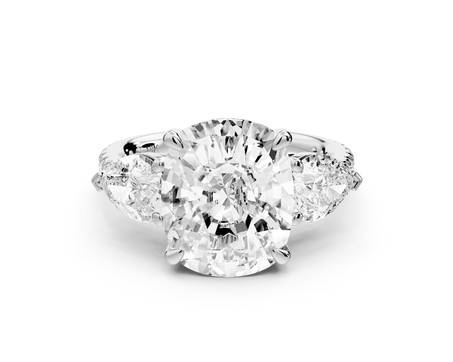 Alma - 5ct platinum ecushion center stone with two pear shaped diamonds and pavé. Three stone oval and pear engagement ring with Pavé - Mr. Alex Jewelry