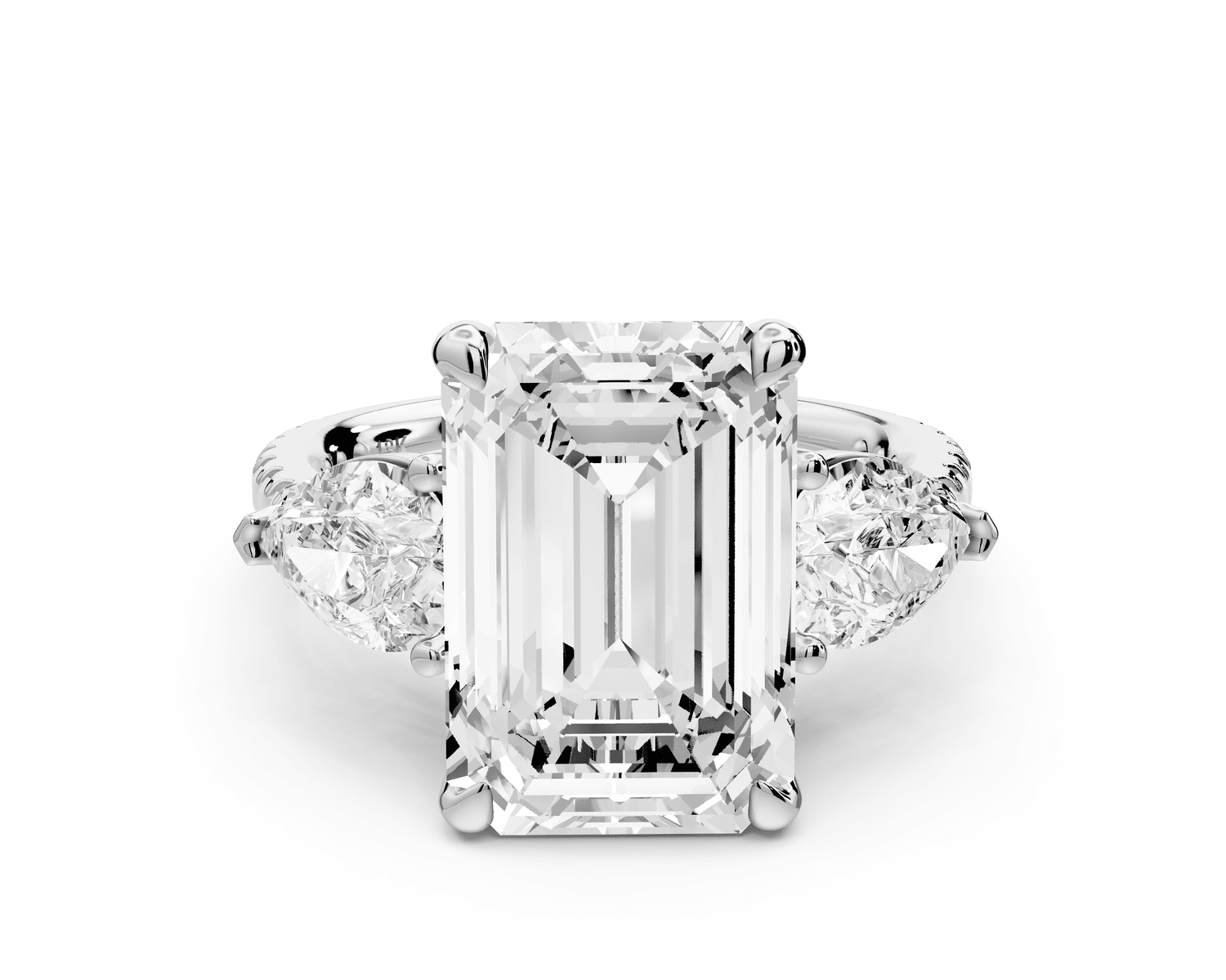 Alma - 5ct platinum emerald center stone with two pear shaped diamonds and pavé. Three stone oval and pear Engagement ring with Pavé - Mr. Alex Jewelry