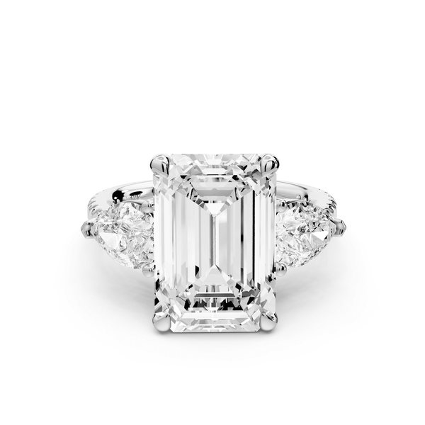Alma - 5ct platinum emerald center stone with two pear shaped diamonds and pavé. Three stone oval and pear Engagement ring with Pavé - Mr. Alex Jewelry