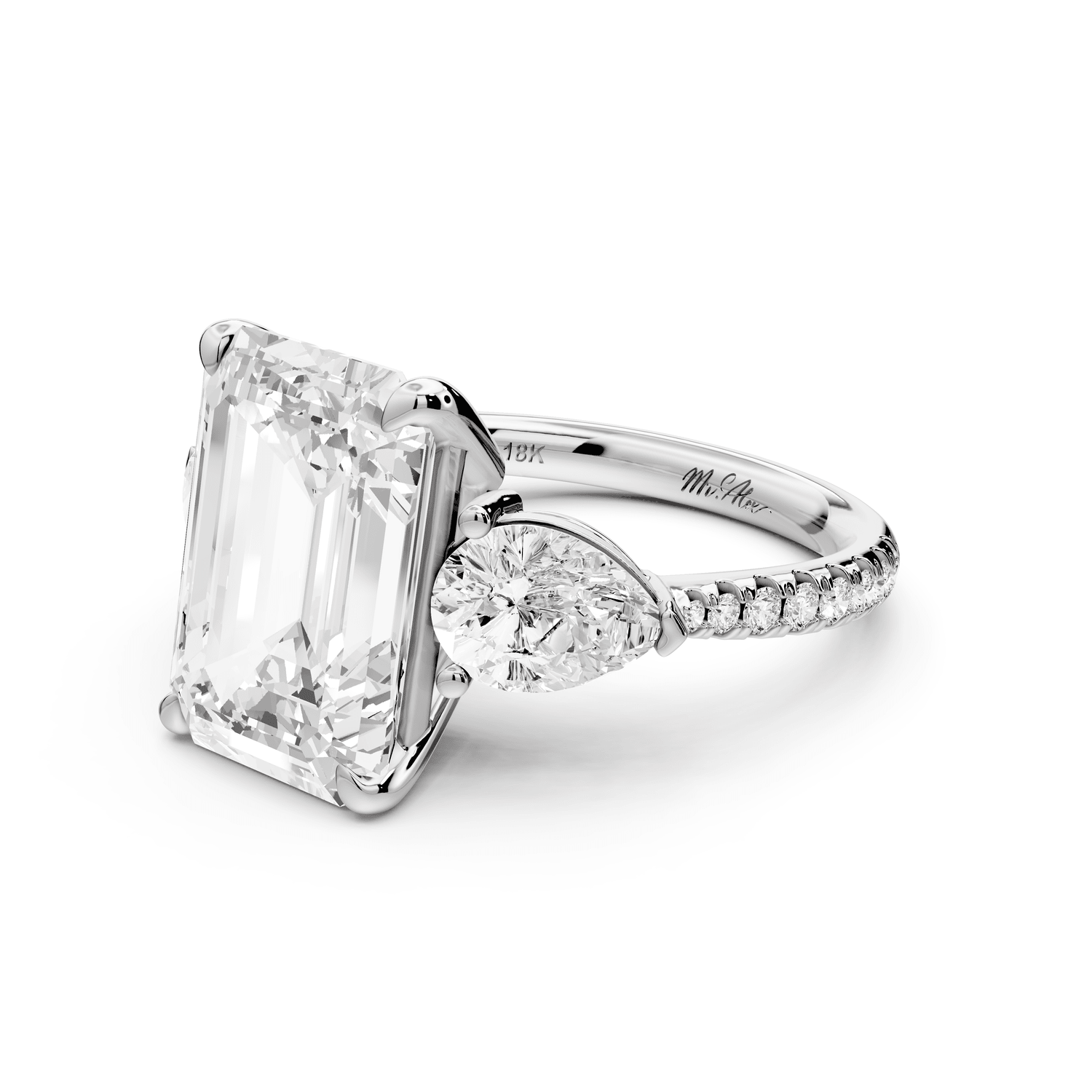 Alma - 5ct platinum emerald center stone with two pear shaped diamonds and pavé. Three stone oval and pear Engagement ring with Pavé - Mr. Alex Jewelry